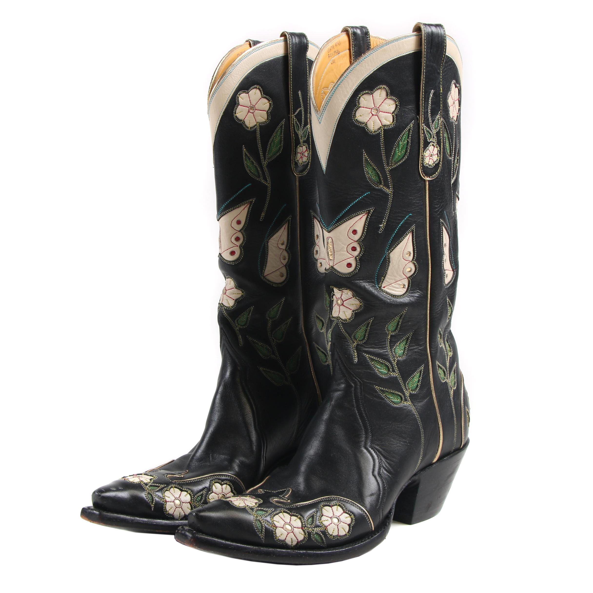 Custom Made Back At The Ranch Santa Fe Cowboy Boots with Butterflies and Florals