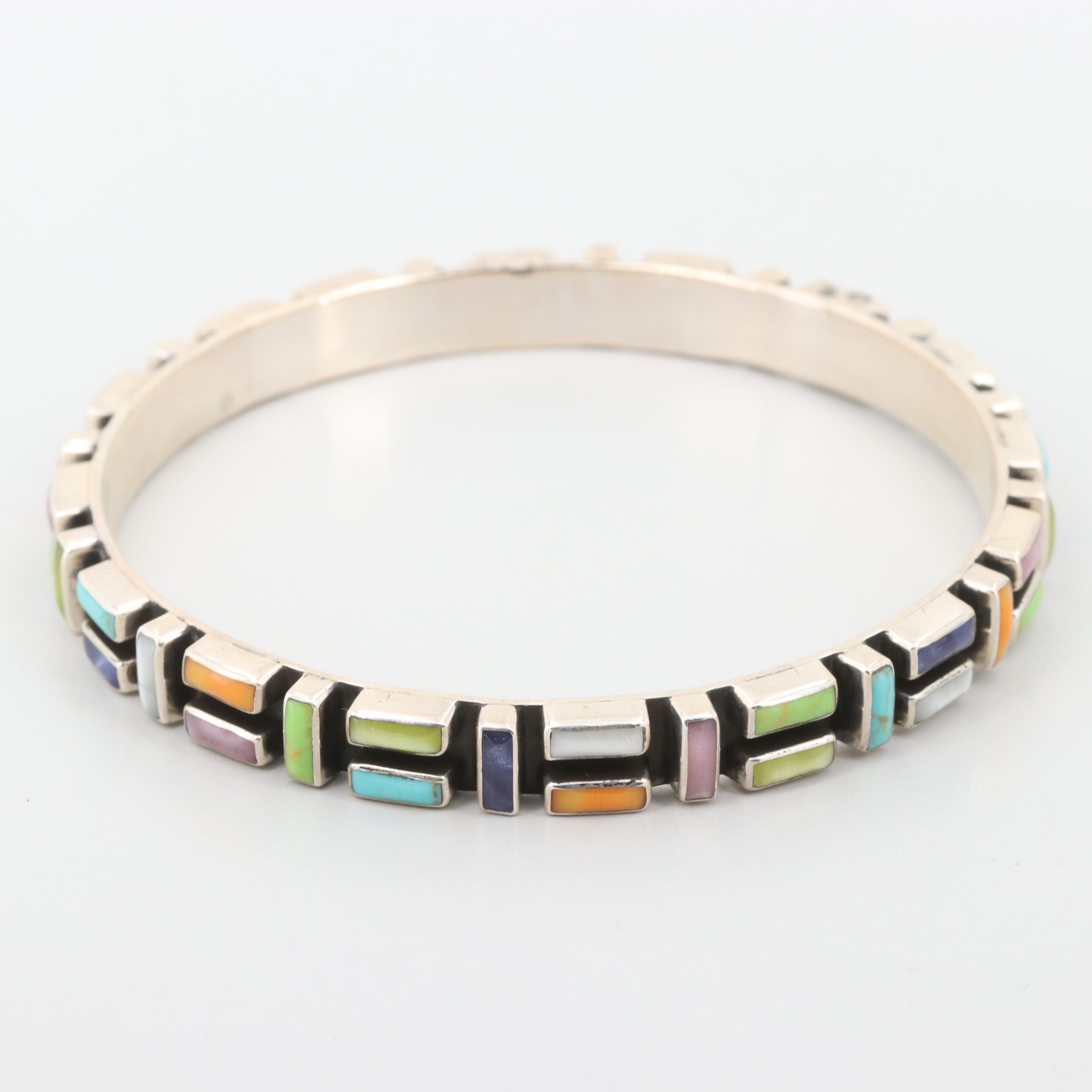 Mexican Sterling Silver Imitation Gemstone Bangle Bracelet