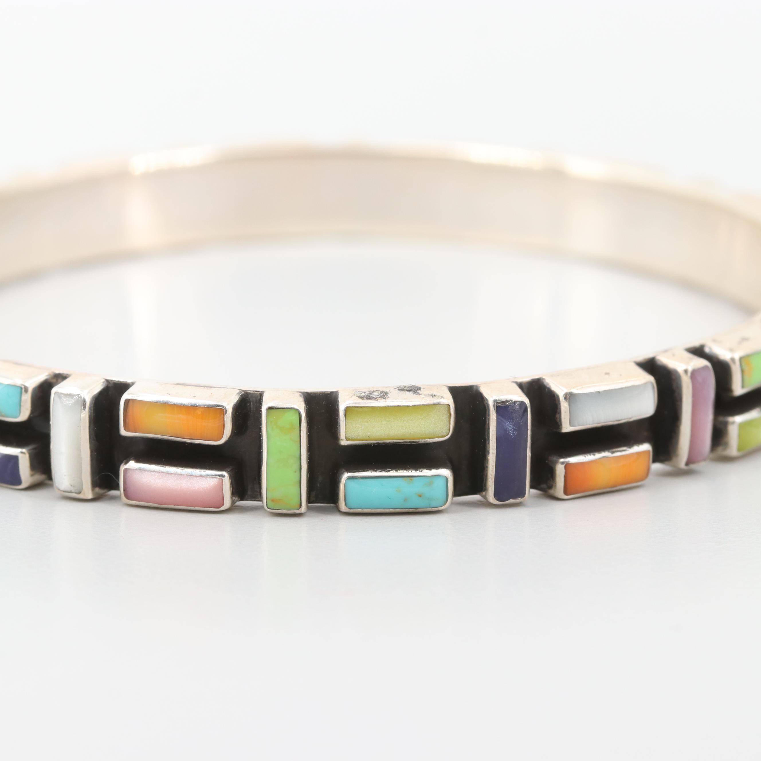 Mexican Sterling Silver Imitation Gemstone Bangle Bracelet