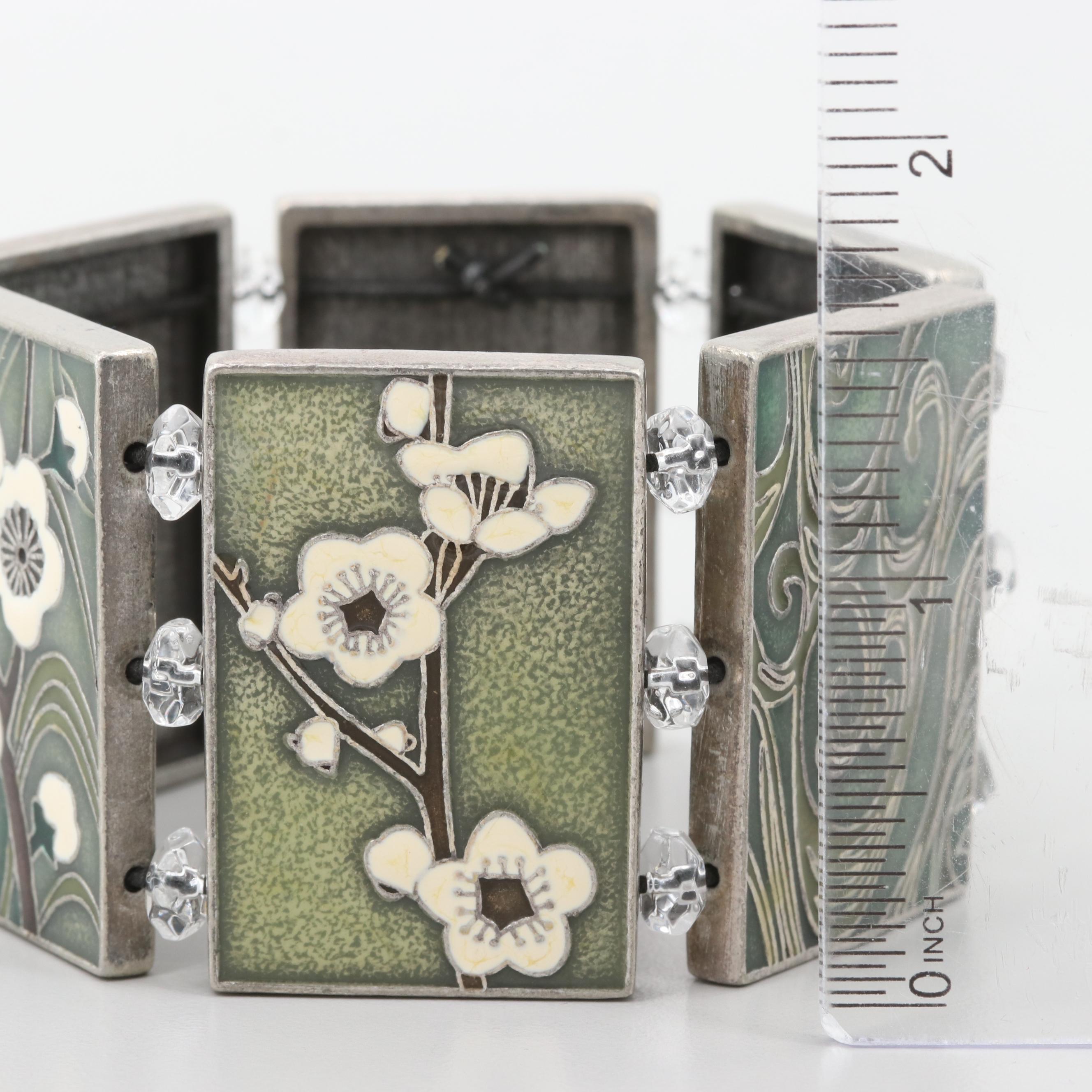Enamel and Glass Cherry Blossom Themed Wide Panel Expandable Bracelet
