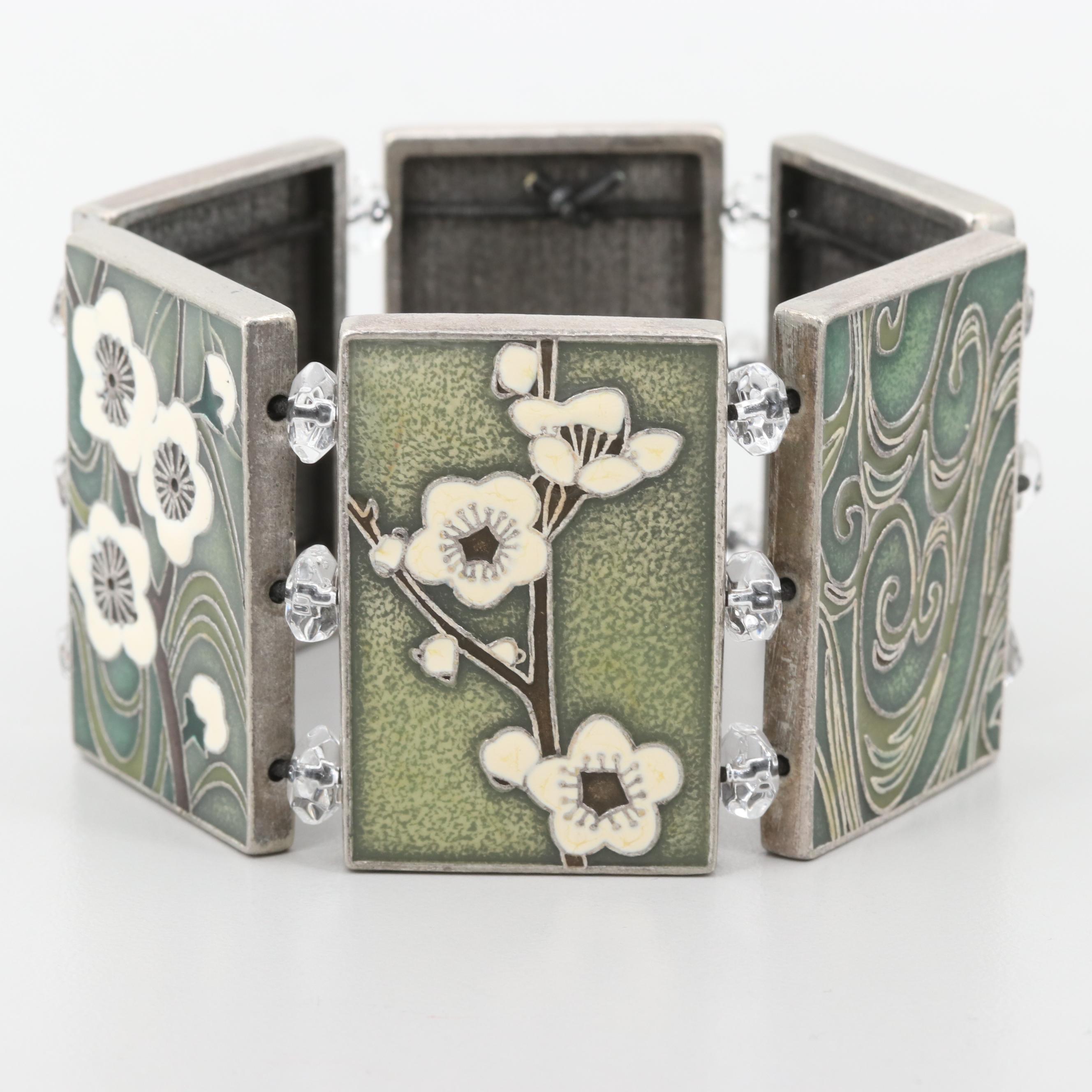 Enamel and Glass Cherry Blossom Themed Wide Panel Expandable Bracelet