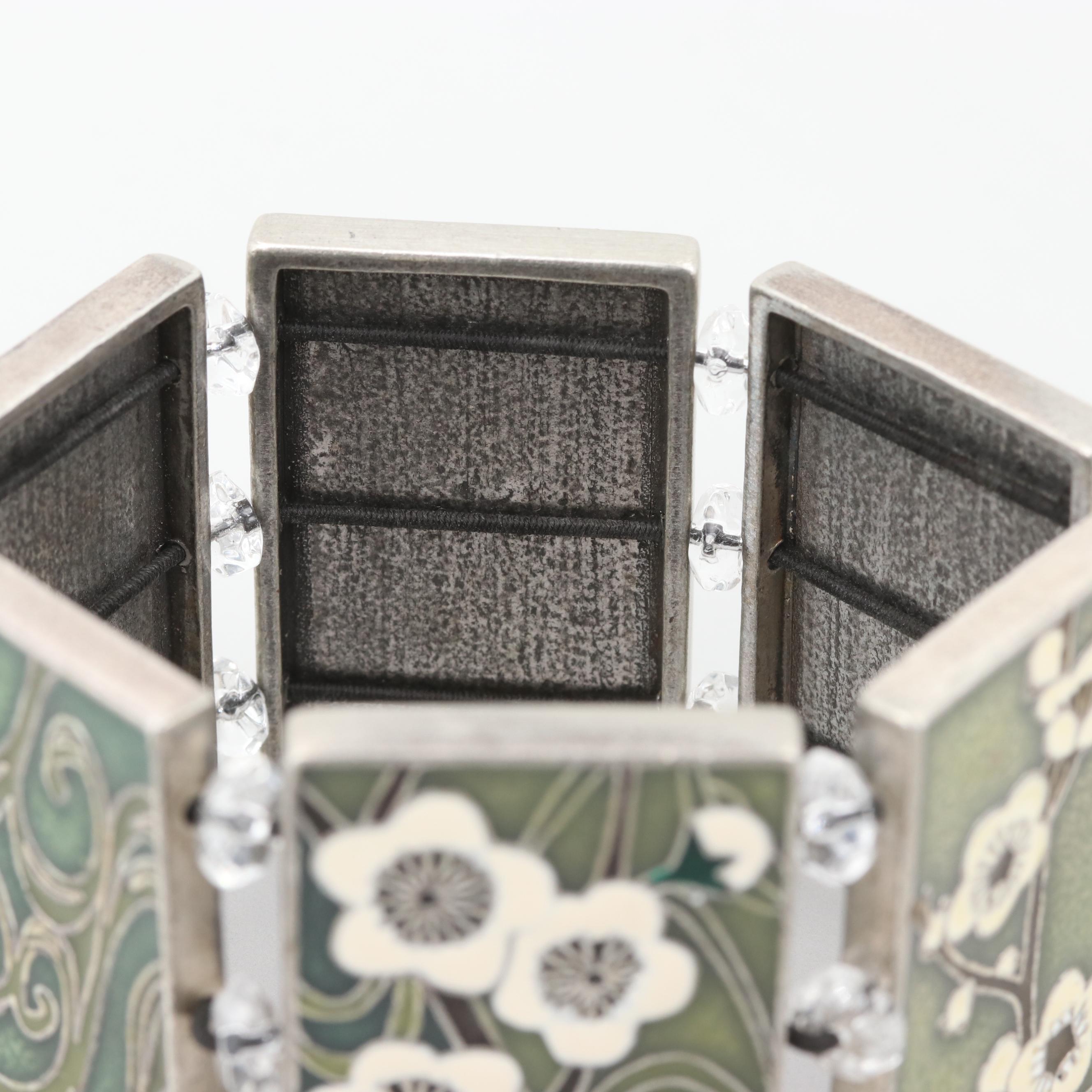Enamel and Glass Cherry Blossom Themed Wide Panel Expandable Bracelet