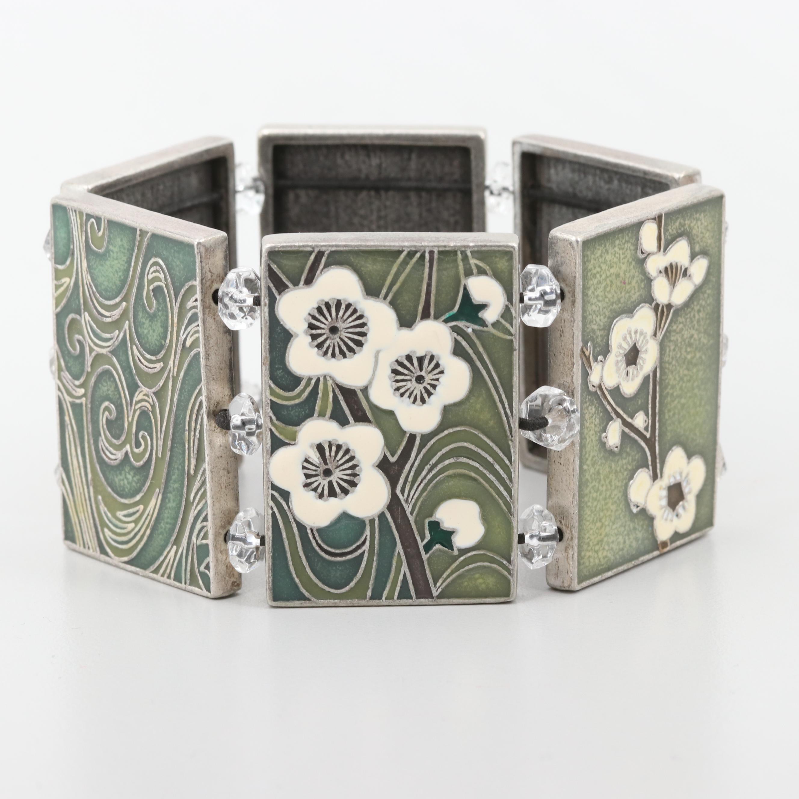 Enamel and Glass Cherry Blossom Themed Wide Panel Expandable Bracelet