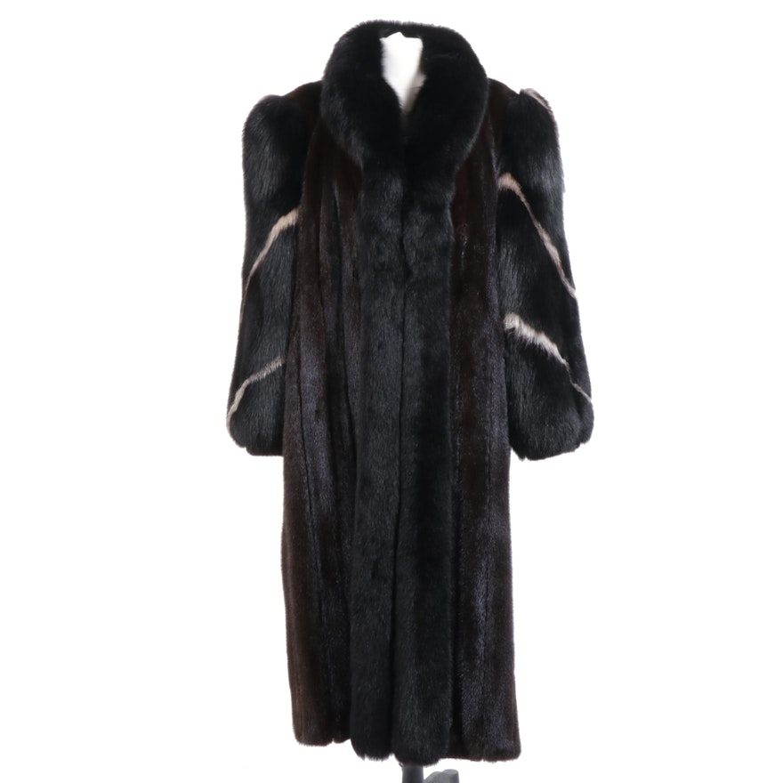 Mahogany Mink and Dyed Fox Fur Full-Length Coat with Tuxedo Collar