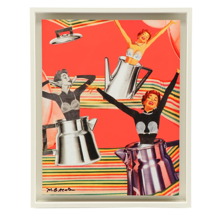 Mary Beth Acosta Lithograph Collage on Glass "Perk-O-Laters"