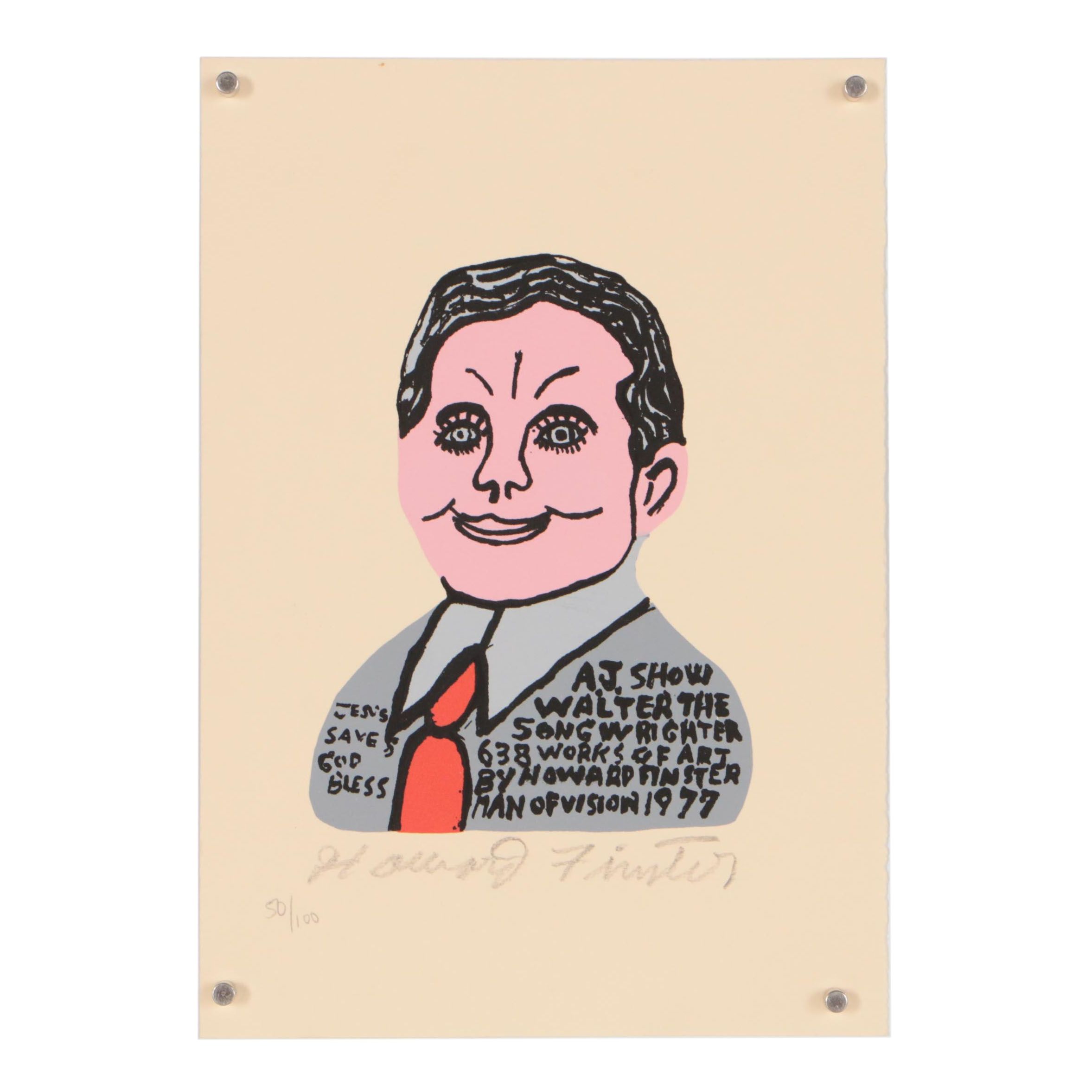 Howard Finster 1977 Serigraph "A.J. Showwalter The Songwrighter"