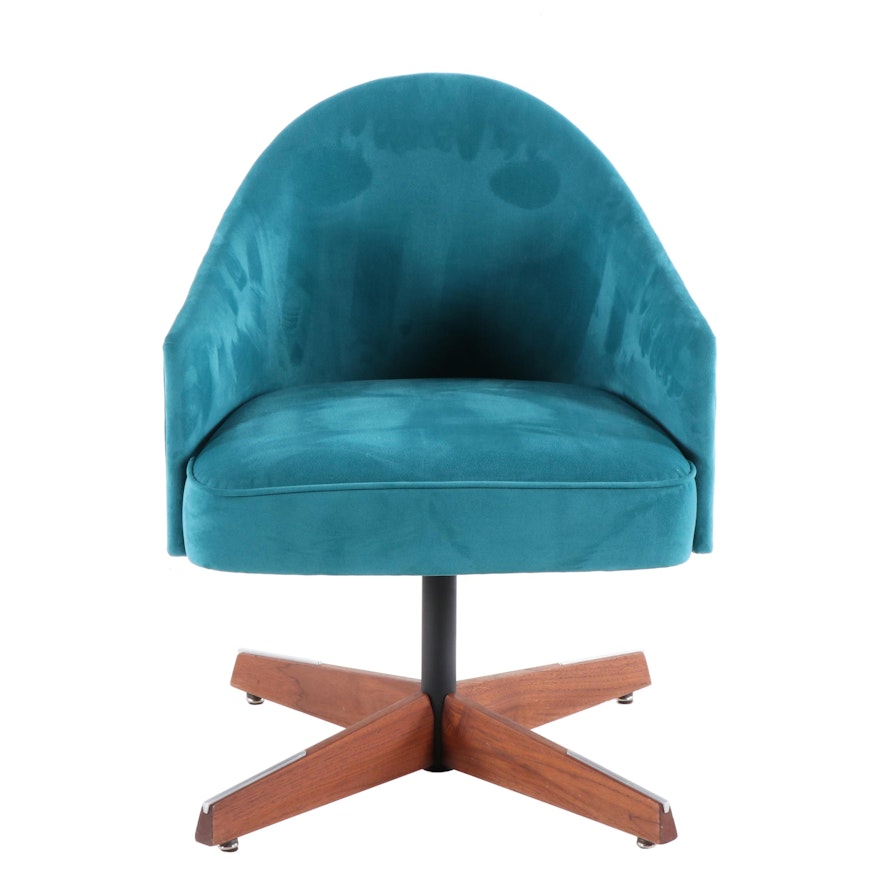 Mid Century Modern Teal Suede-Upholstered, Steel and Walnut Swivel Armchair