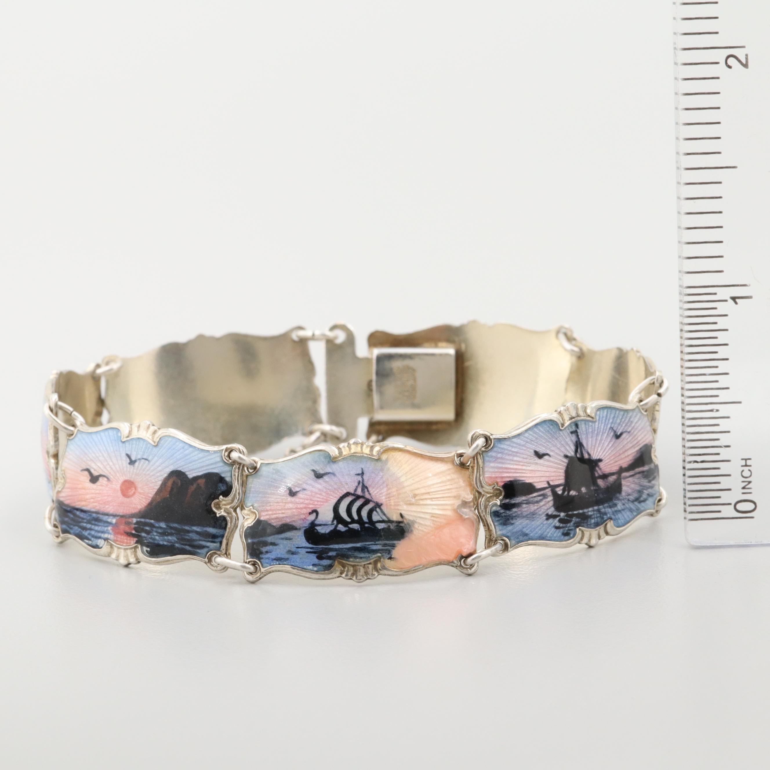 Vintage Ivar T. Holth Norwegian Guilloche Enamel Sterling Silver Panel Bracelet