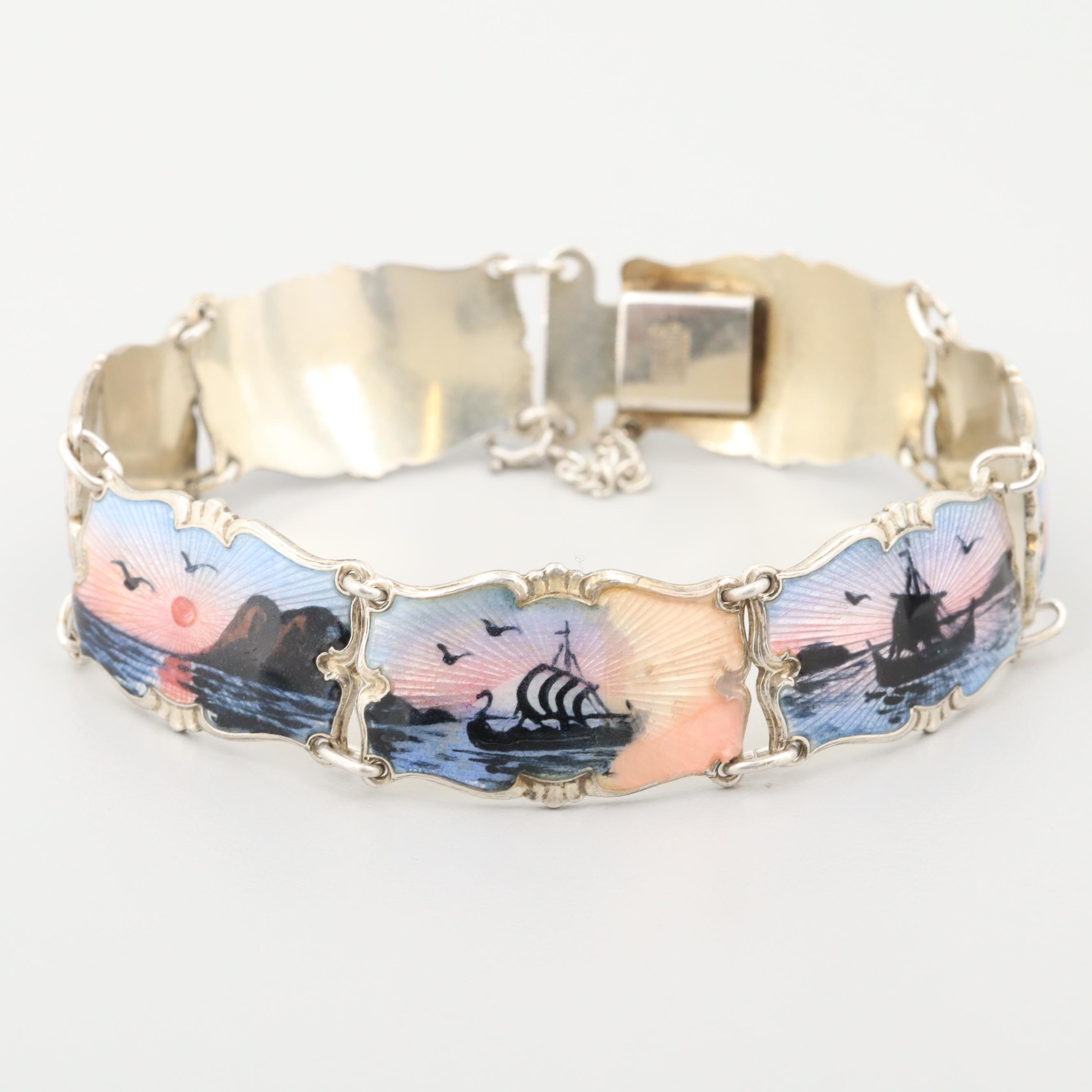 Vintage Ivar T. Holth Norwegian Guilloche Enamel Sterling Silver Panel Bracelet