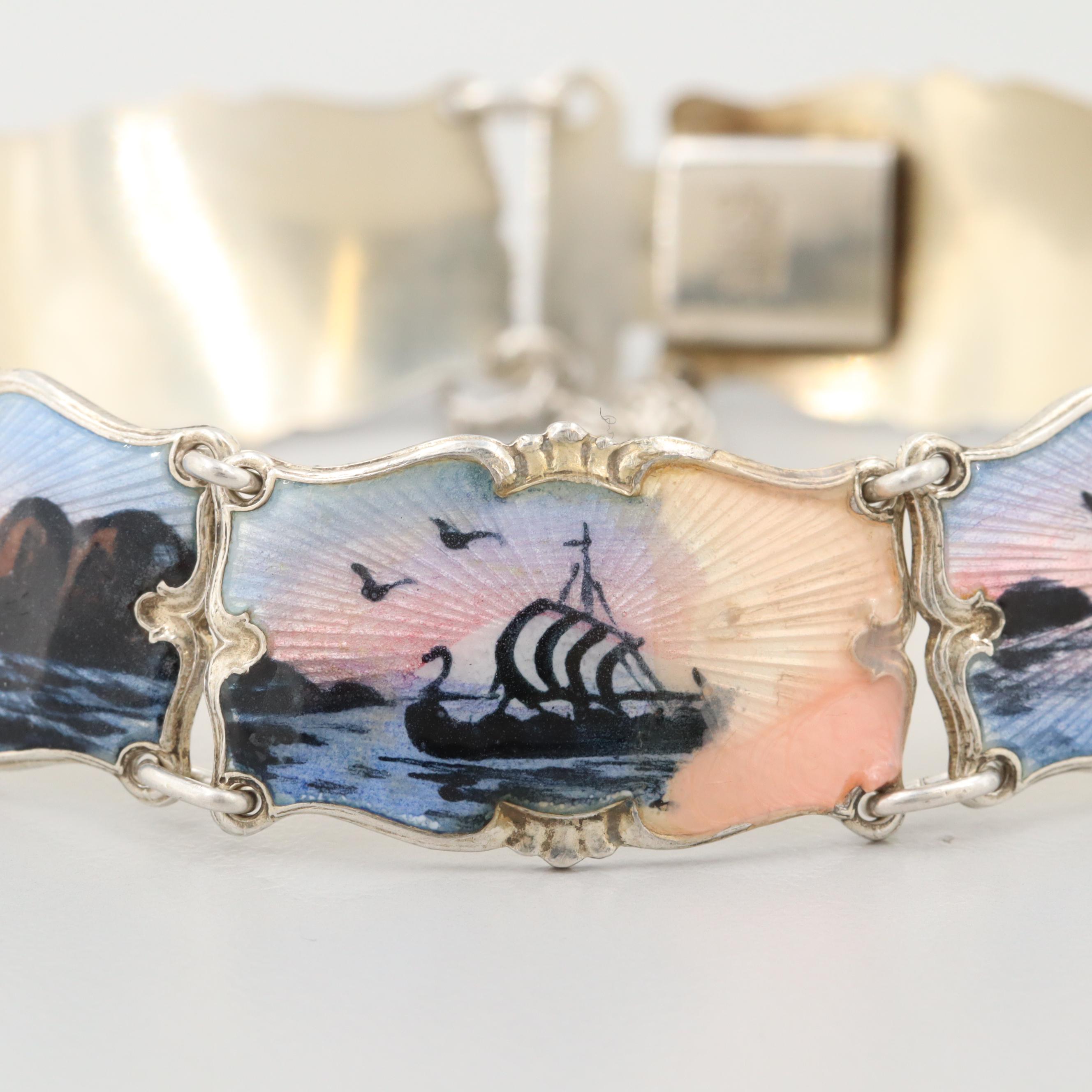 Vintage Ivar T. Holth Norwegian Guilloche Enamel Sterling Silver Panel Bracelet