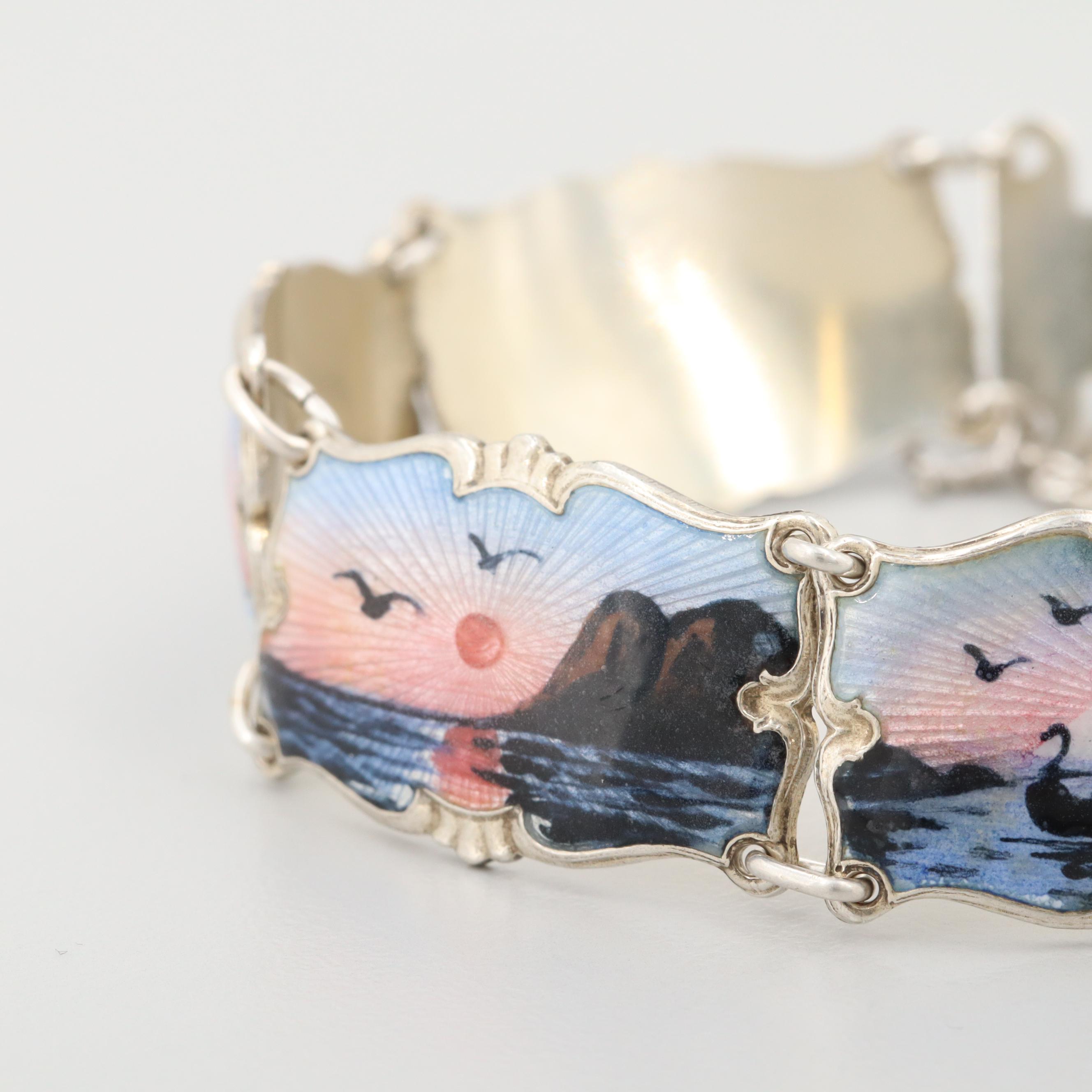 Vintage Ivar T. Holth Norwegian Guilloche Enamel Sterling Silver Panel Bracelet