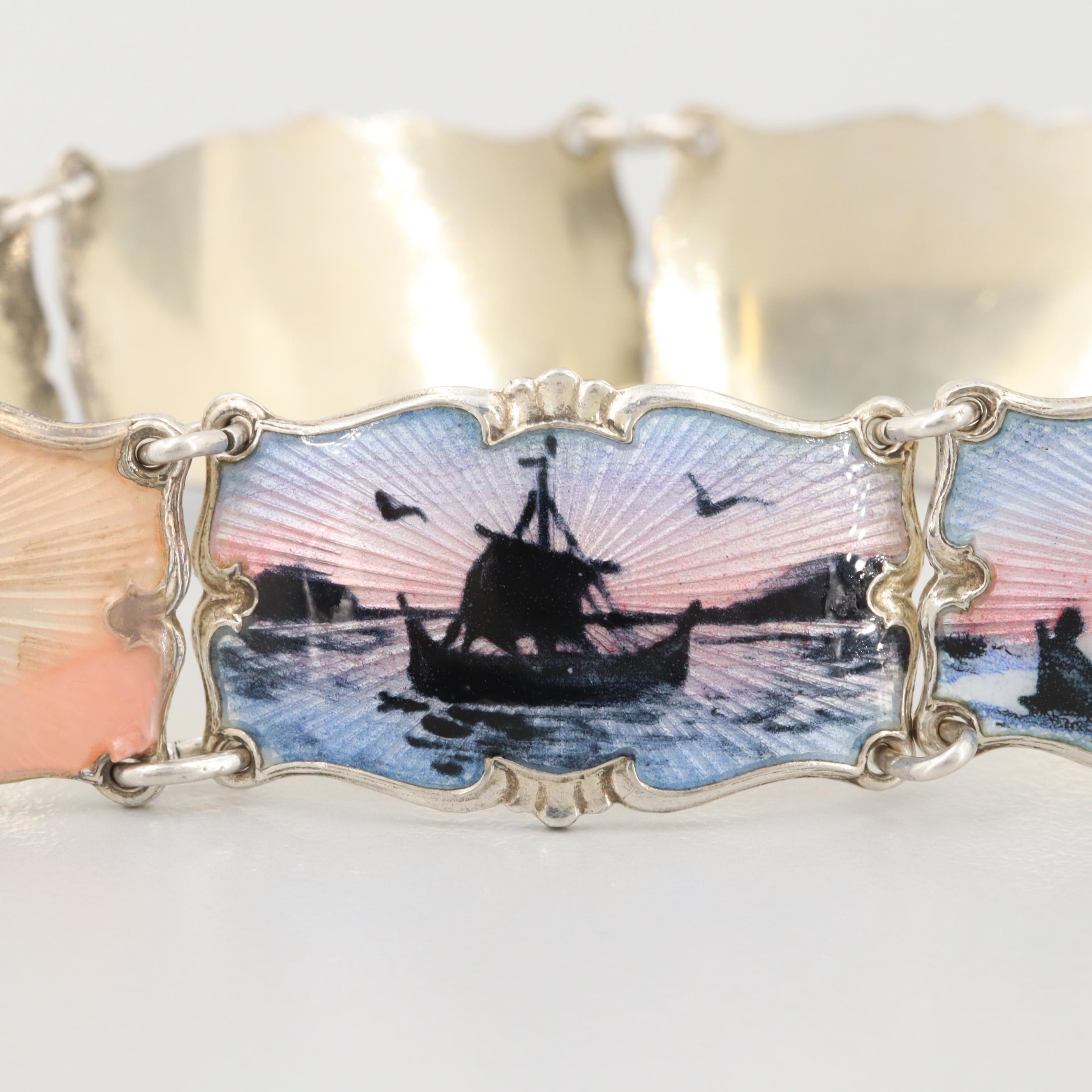 Vintage Ivar T. Holth Norwegian Guilloche Enamel Sterling Silver Panel Bracelet