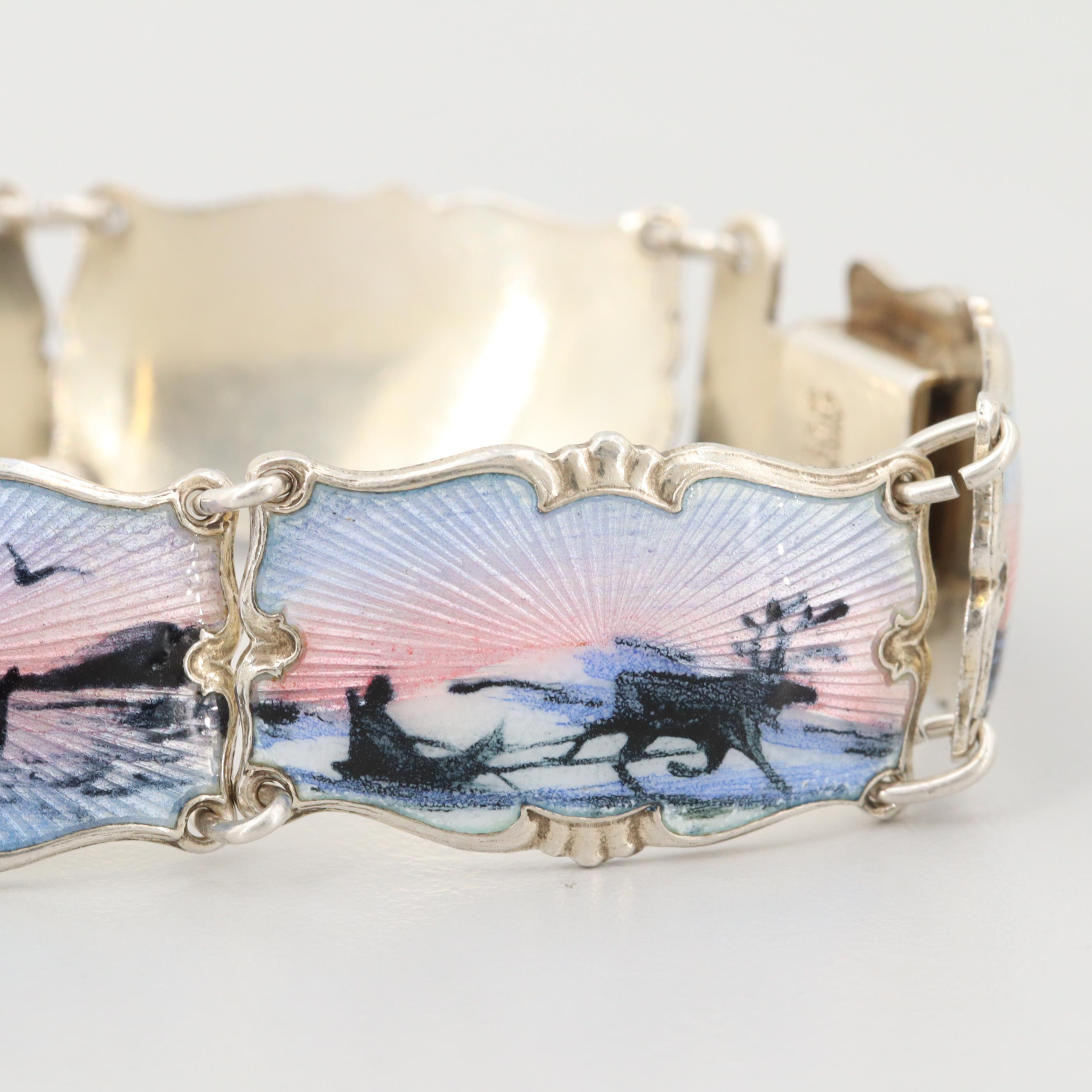 Vintage Ivar T. Holth Norwegian Guilloche Enamel Sterling Silver Panel Bracelet