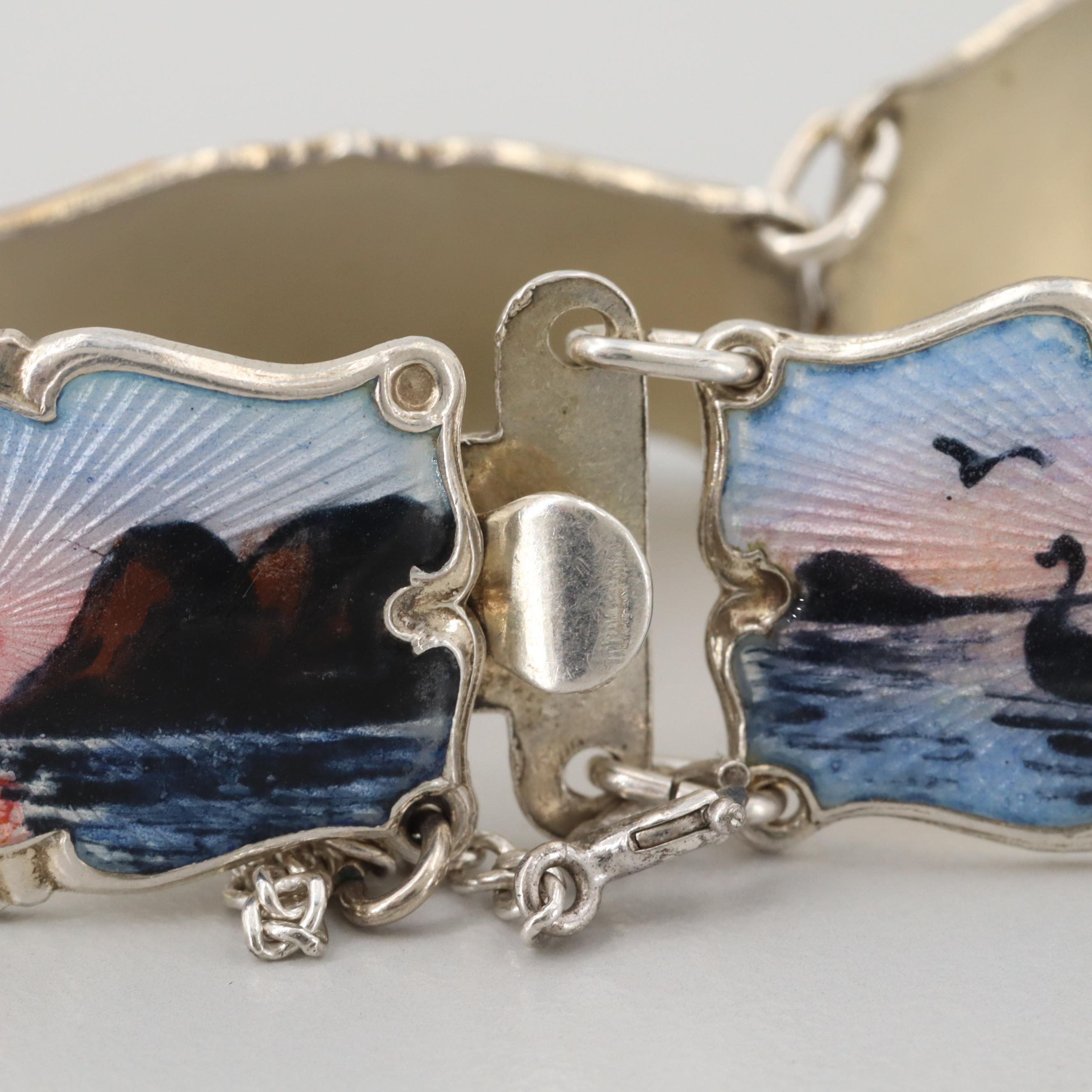 Vintage Ivar T. Holth Norwegian Guilloche Enamel Sterling Silver Panel Bracelet