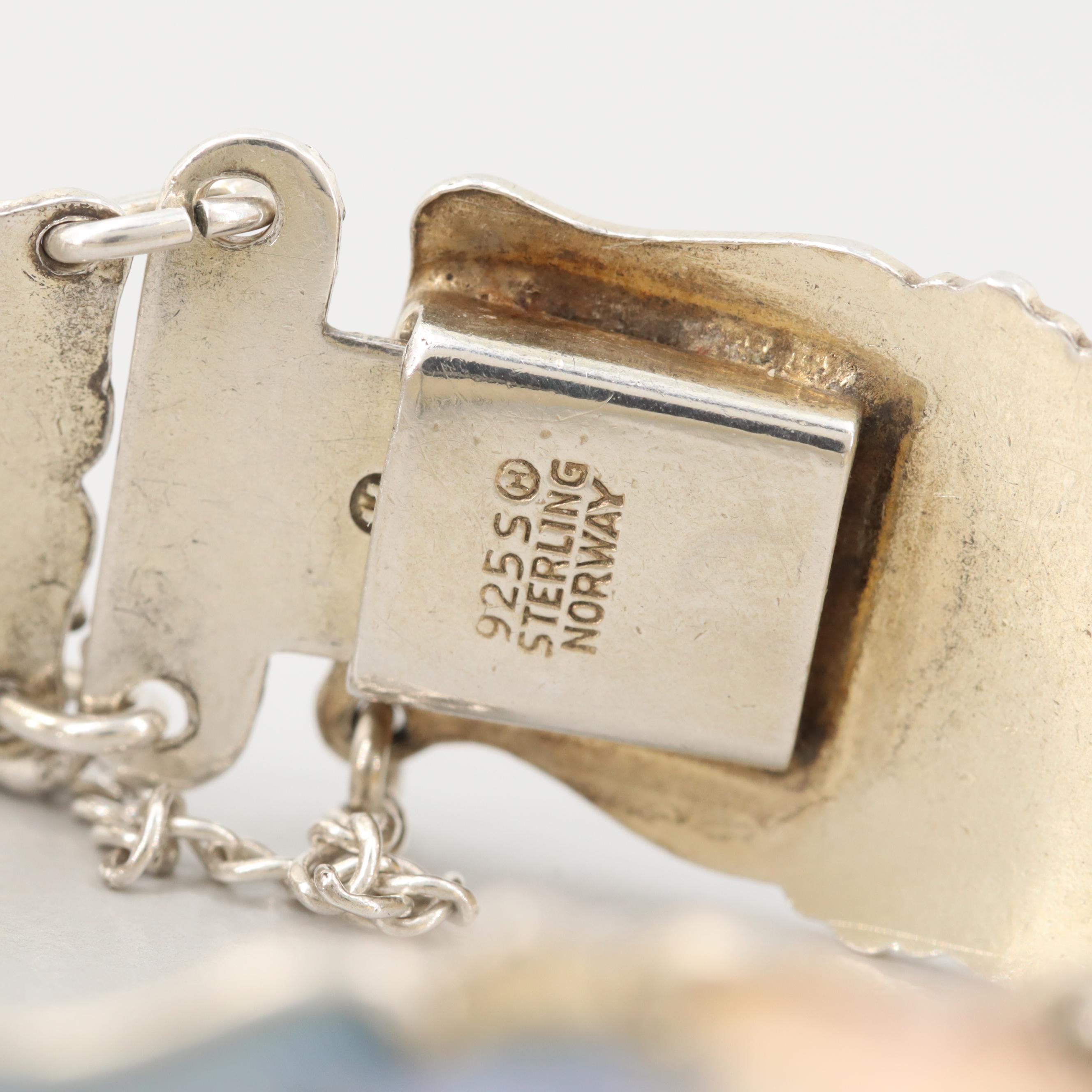 Vintage Ivar T. Holth Norwegian Guilloche Enamel Sterling Silver Panel Bracelet