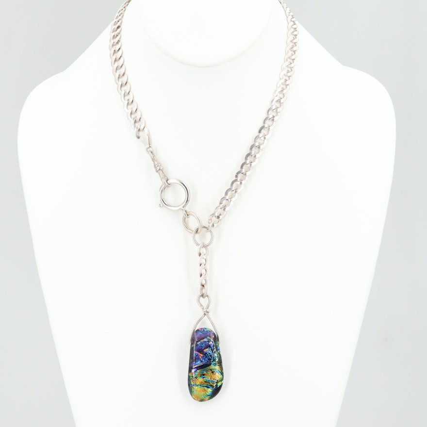 Sterling Silver Dichroic Glass Curb Link Watch Chain
