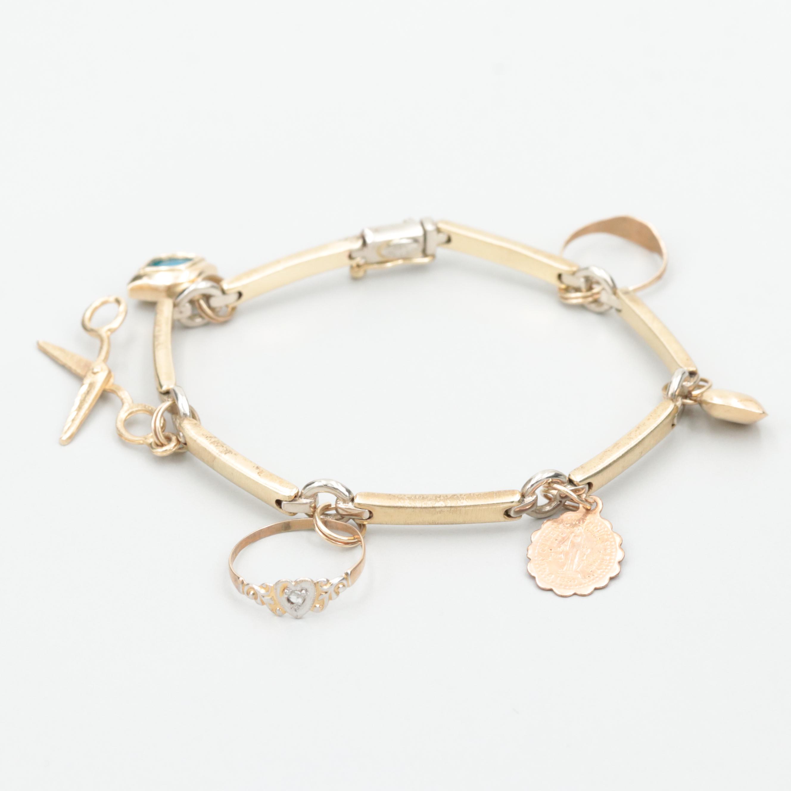 Vintage Cetas 14K Yellow and White Gold Glass and Diamond Charm Bracelet