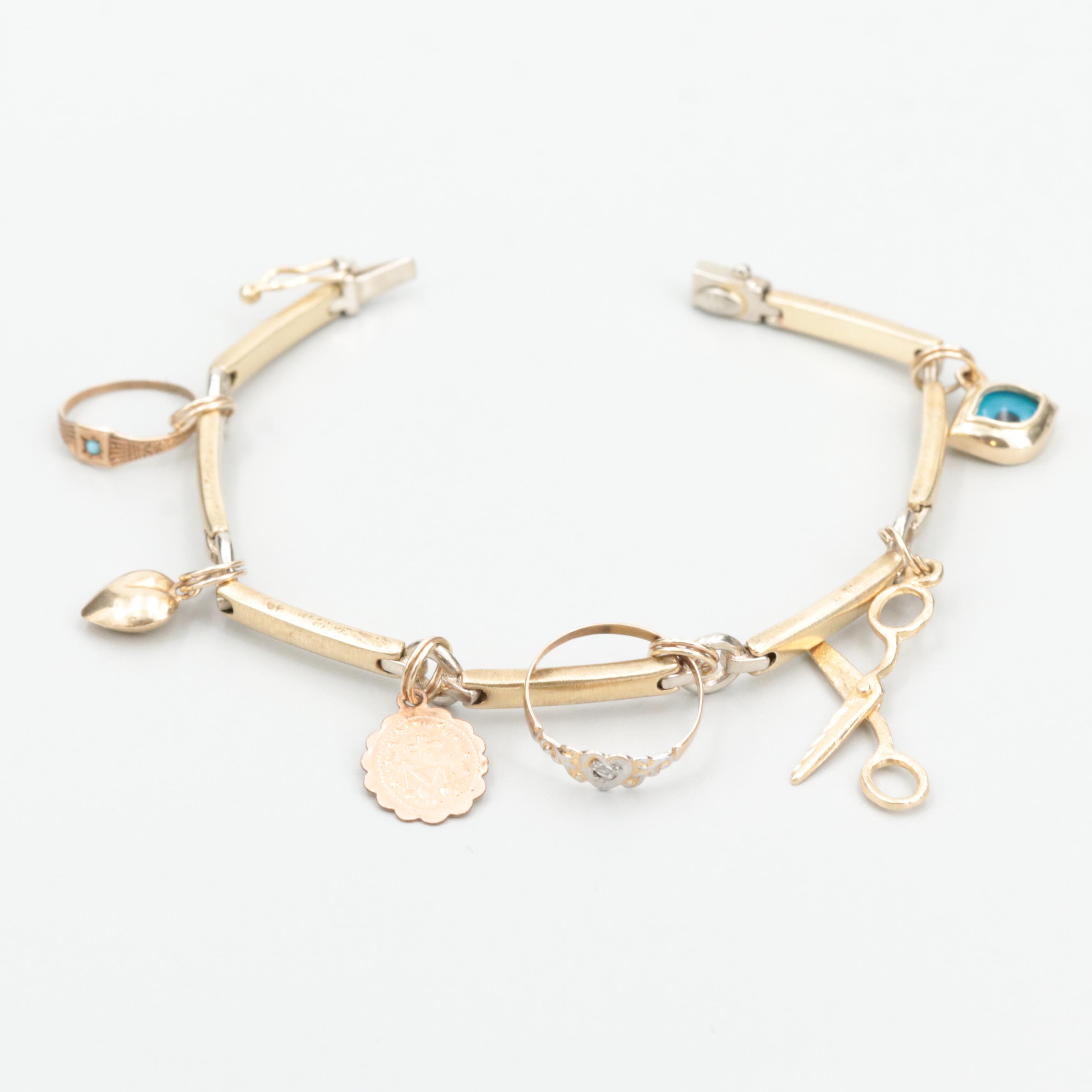 Vintage Cetas 14K Yellow and White Gold Glass and Diamond Charm Bracelet