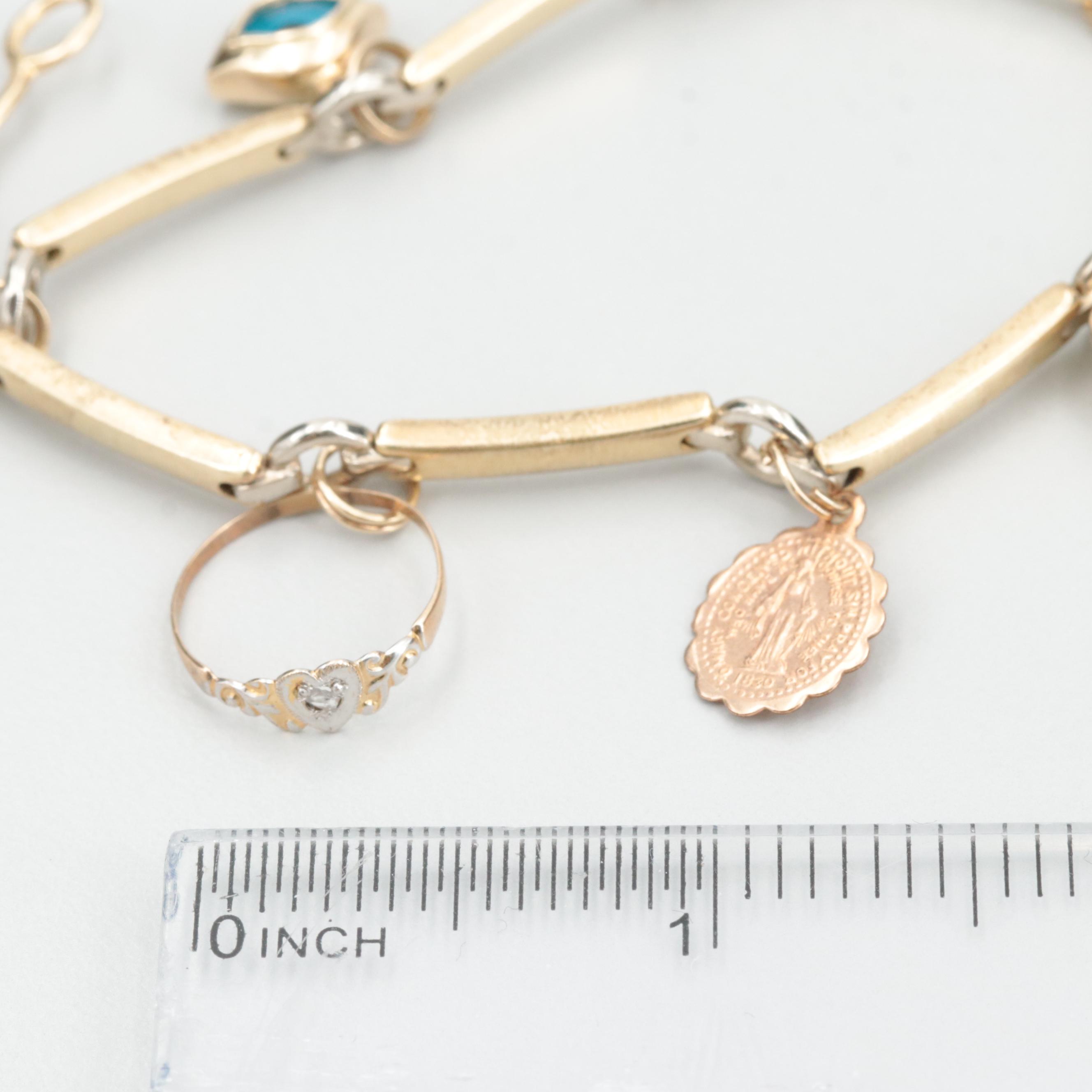 Vintage Cetas 14K Yellow and White Gold Glass and Diamond Charm Bracelet