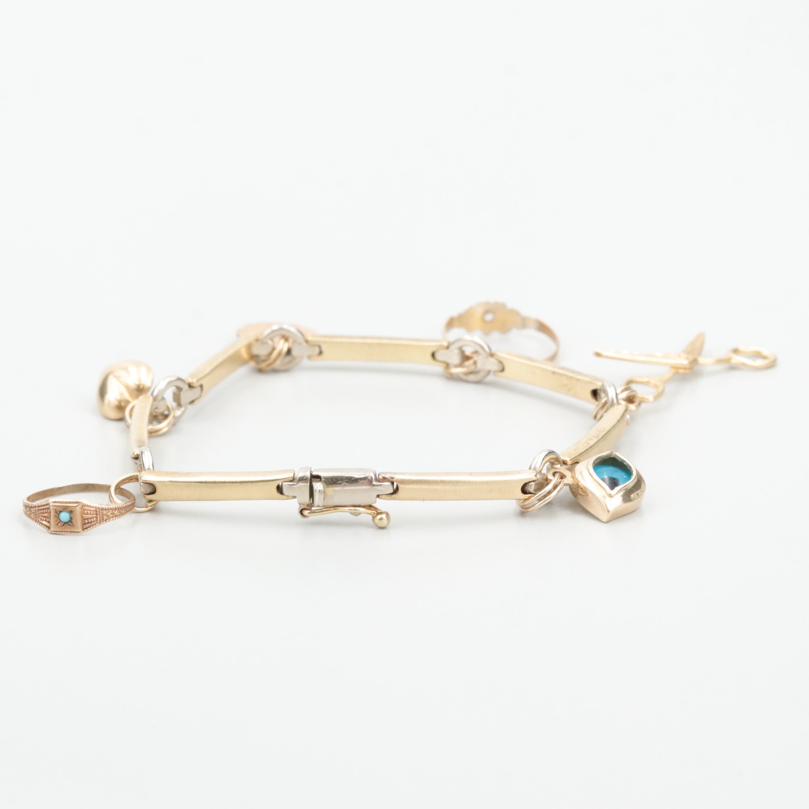 Vintage Cetas 14K Yellow and White Gold Glass and Diamond Charm Bracelet