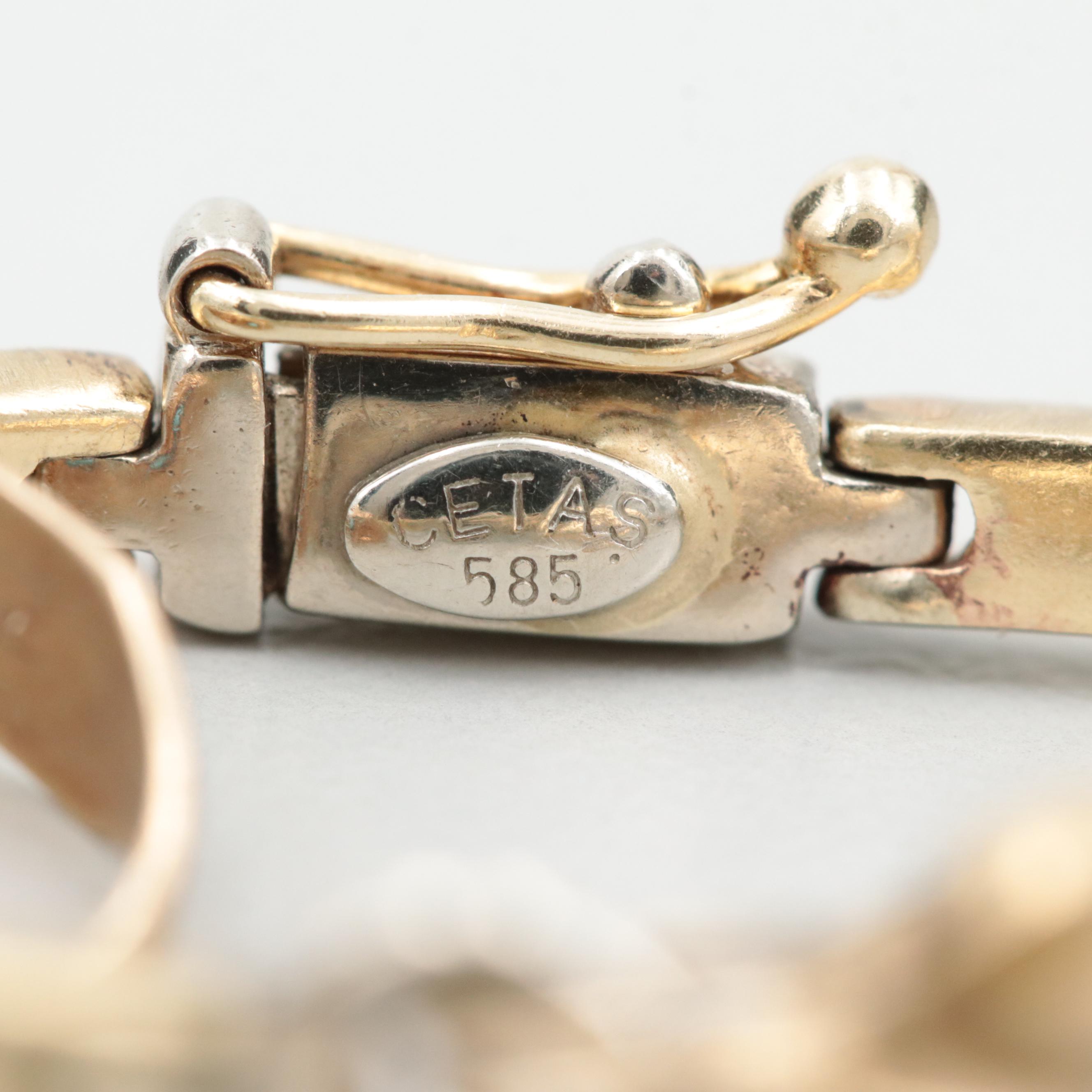 Vintage Cetas 14K Yellow and White Gold Glass and Diamond Charm Bracelet