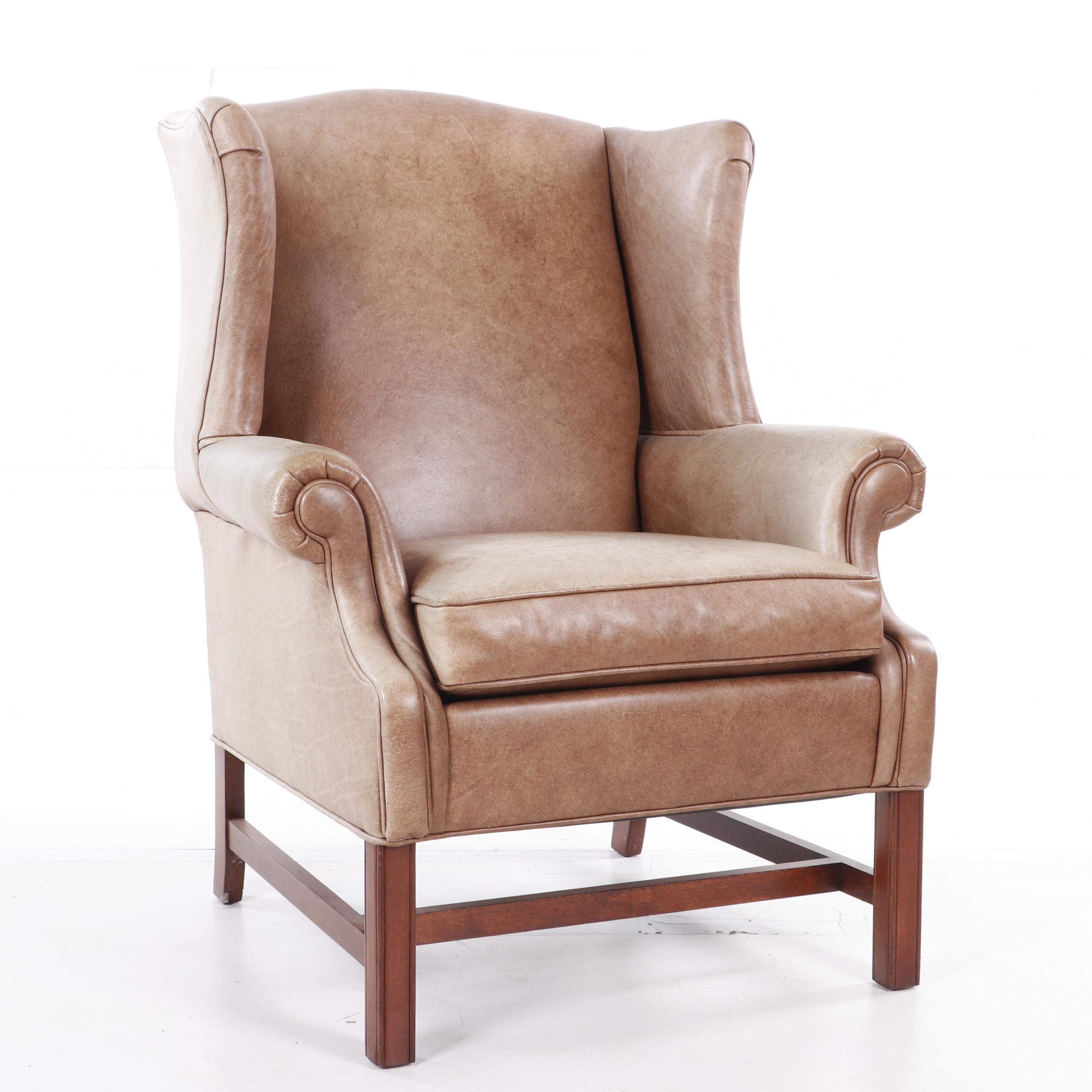 Ethan Allen Leather Upholstered Wingback Chair with Ottoman, Contemporary