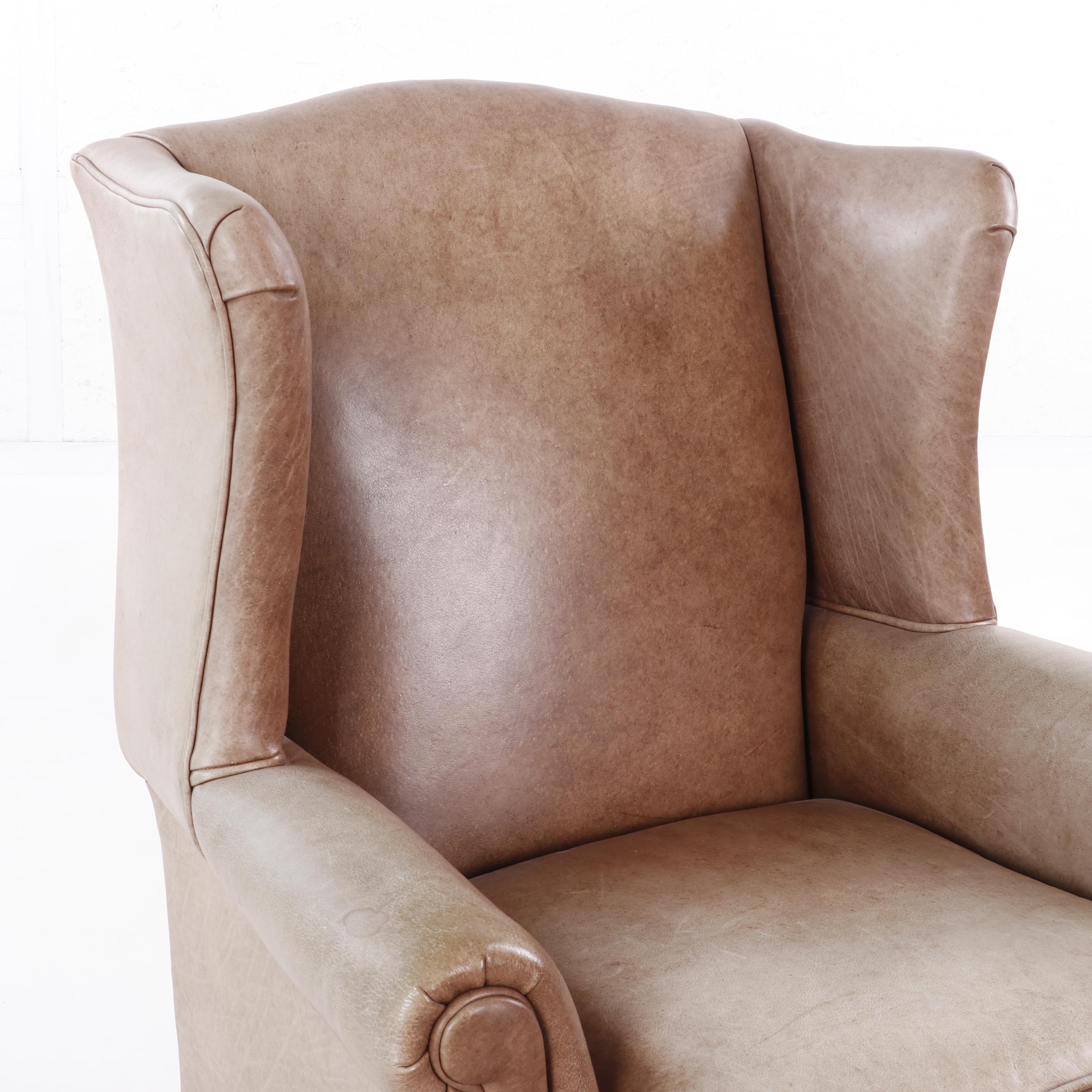 Ethan Allen Leather Upholstered Wingback Chair with Ottoman, Contemporary