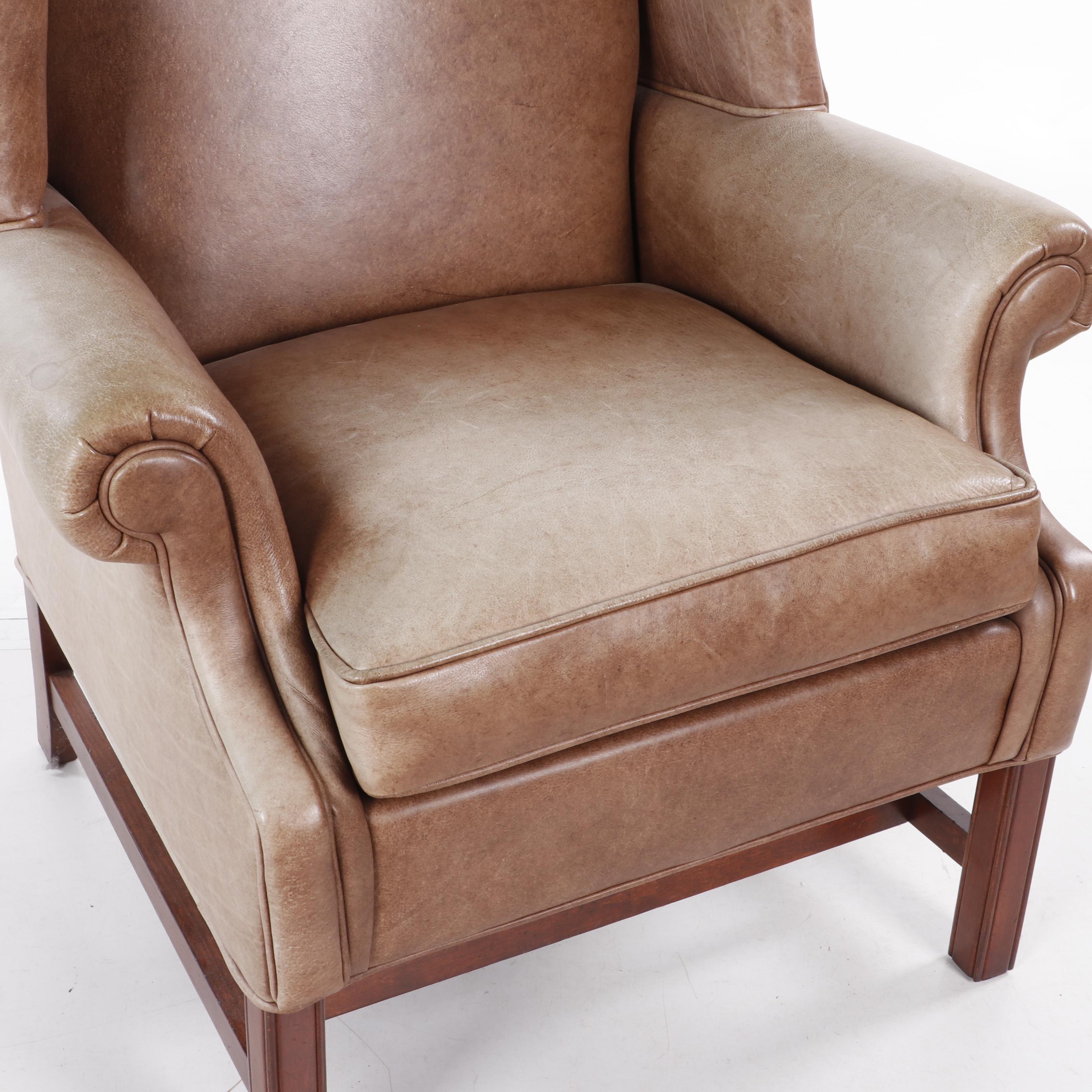 Ethan Allen Leather Upholstered Wingback Chair with Ottoman, Contemporary