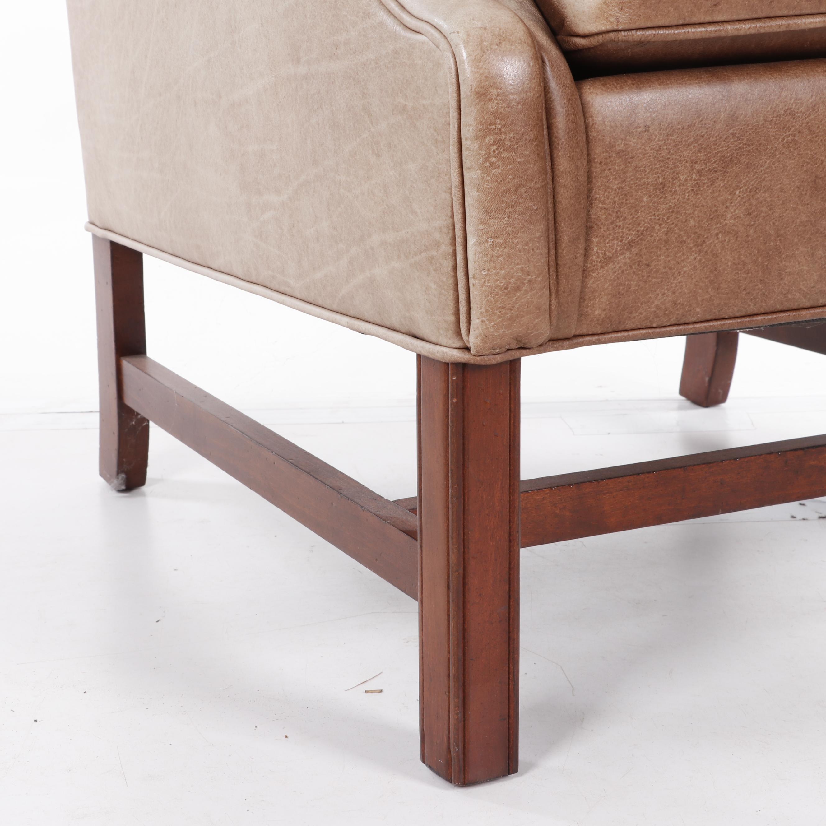 Ethan Allen Leather Upholstered Wingback Chair with Ottoman, Contemporary