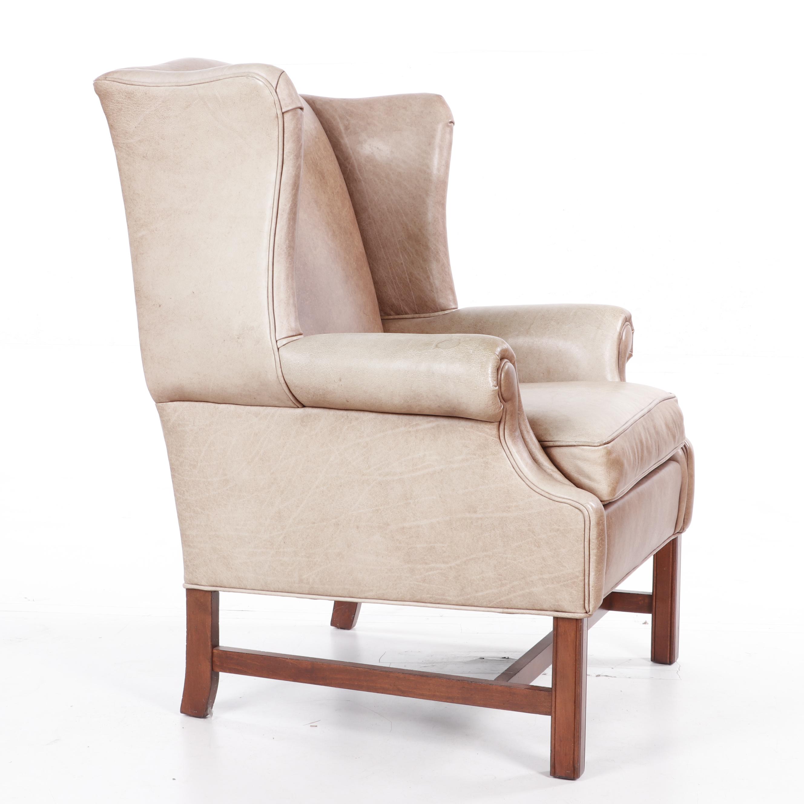 Ethan Allen Leather Upholstered Wingback Chair with Ottoman, Contemporary