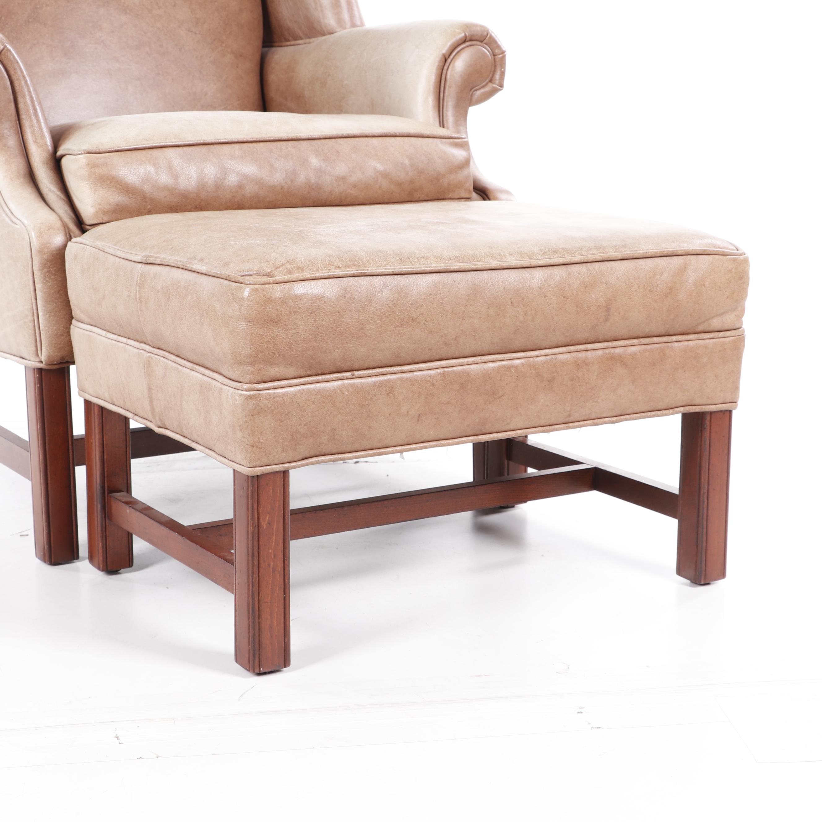 Ethan Allen Leather Upholstered Wingback Chair with Ottoman, Contemporary