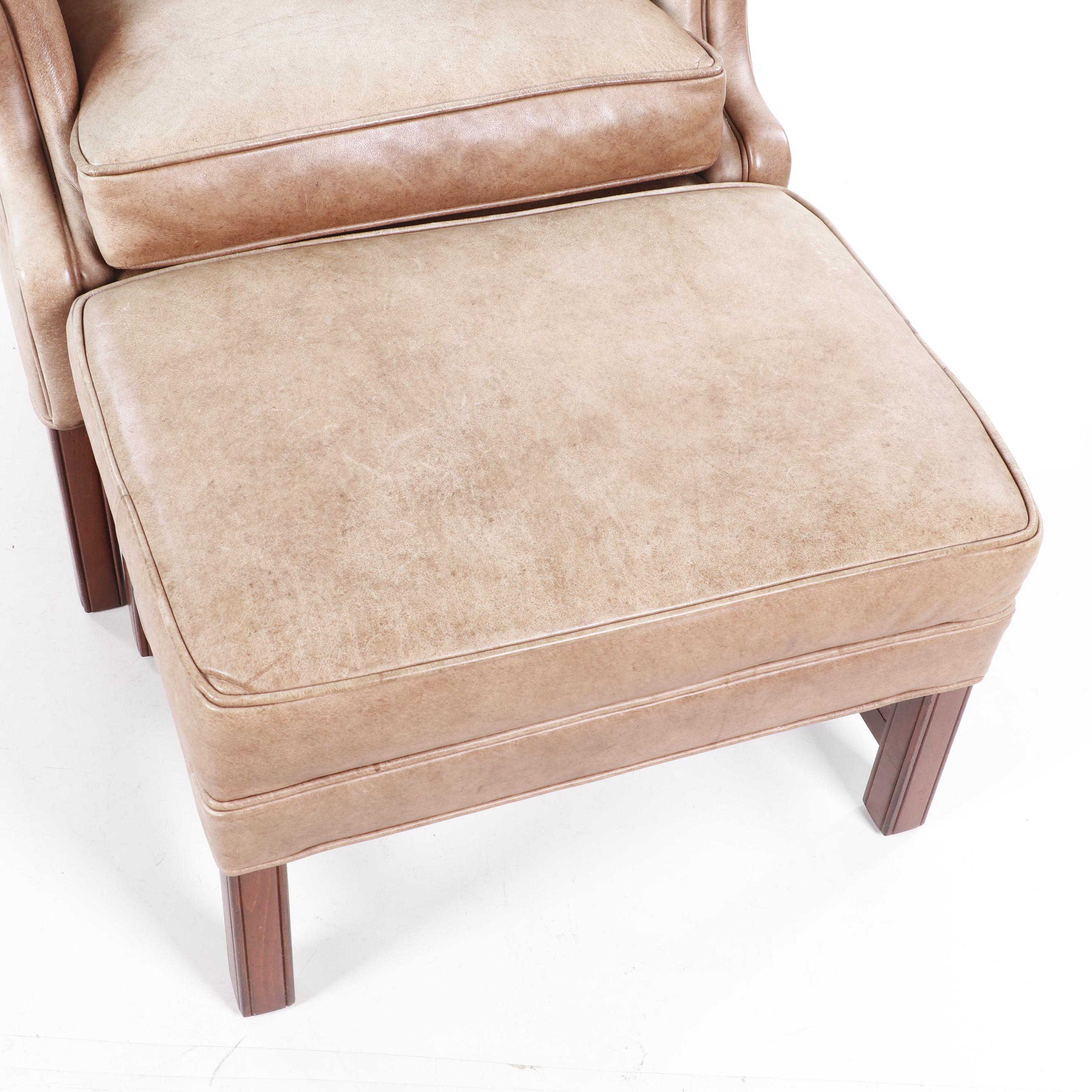 Ethan Allen Leather Upholstered Wingback Chair with Ottoman, Contemporary