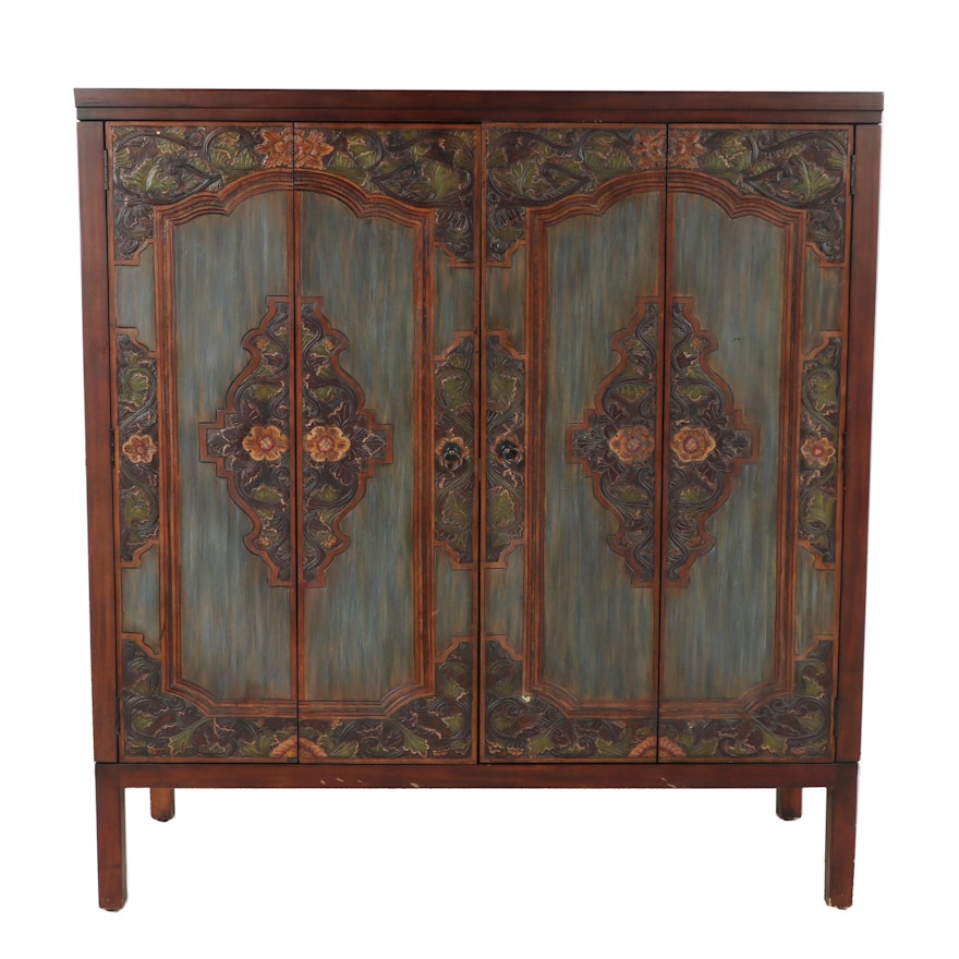 Contemporary Pier One Imports Carved and Painted Wooden Cabinet