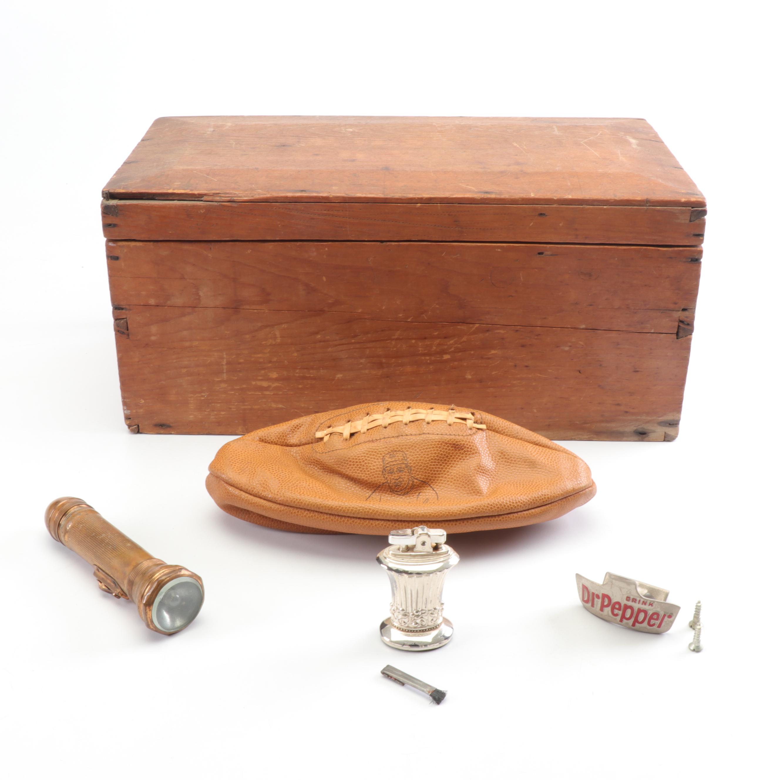 Wooden Box, Dr. Pepper Bottle Opener, Ronson Lighter & 1920s Copper Flashlight