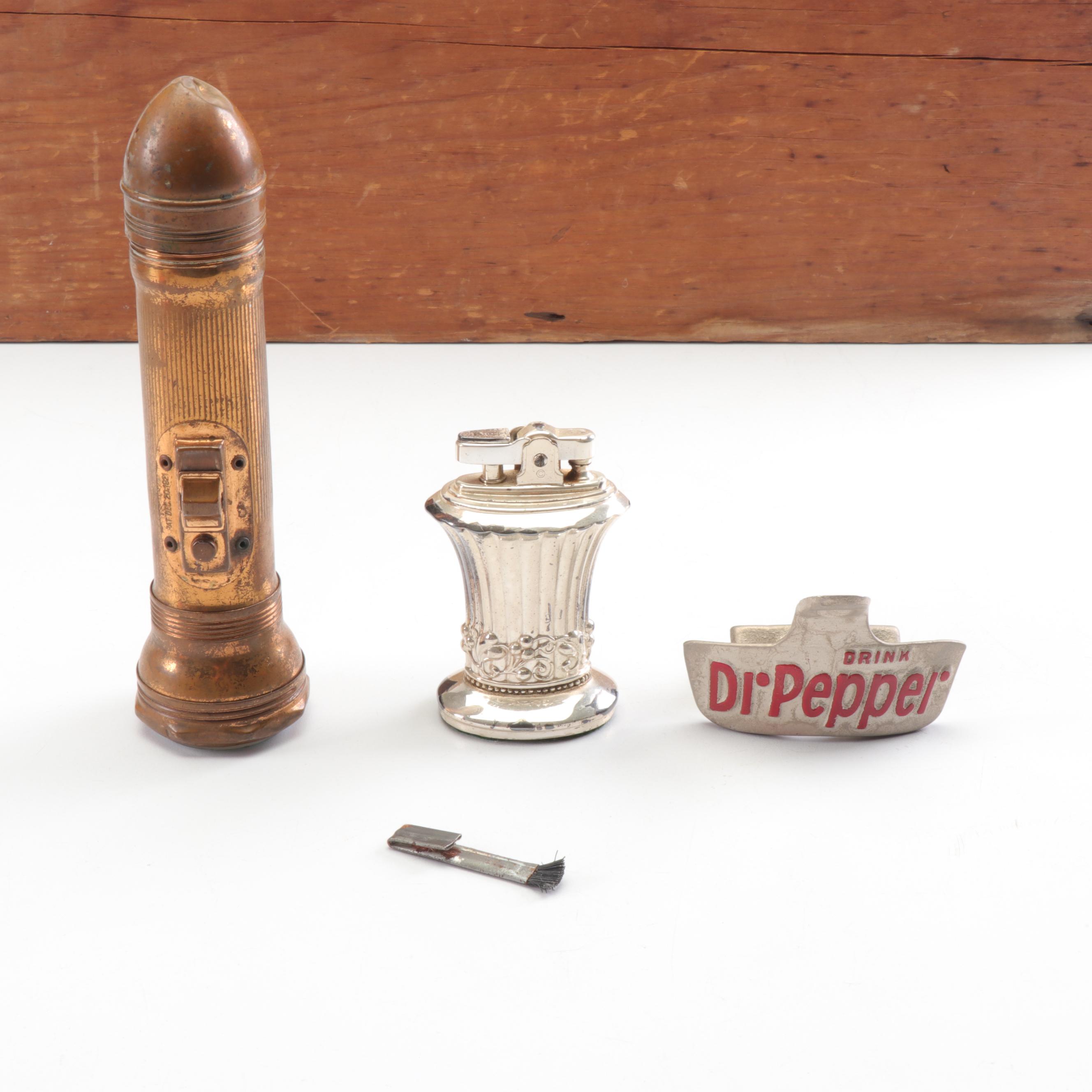 Wooden Box, Dr. Pepper Bottle Opener, Ronson Lighter & 1920s Copper Flashlight