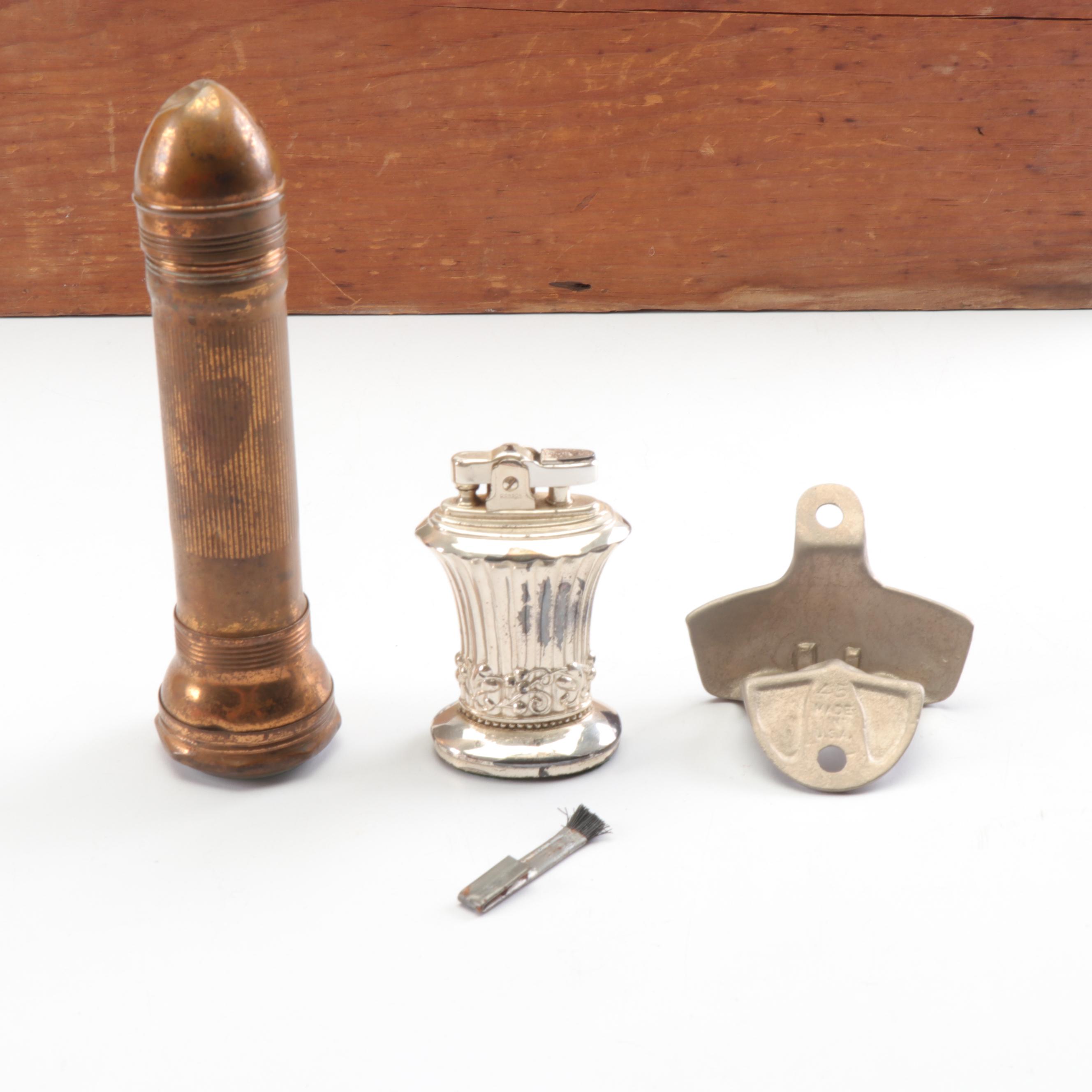 Wooden Box, Dr. Pepper Bottle Opener, Ronson Lighter & 1920s Copper Flashlight