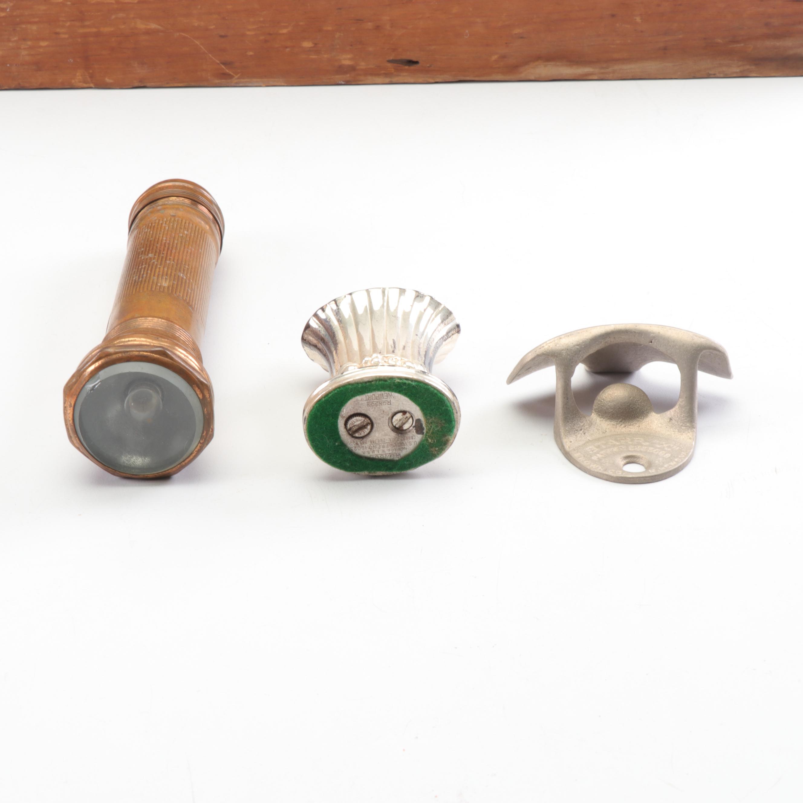 Wooden Box, Dr. Pepper Bottle Opener, Ronson Lighter & 1920s Copper Flashlight