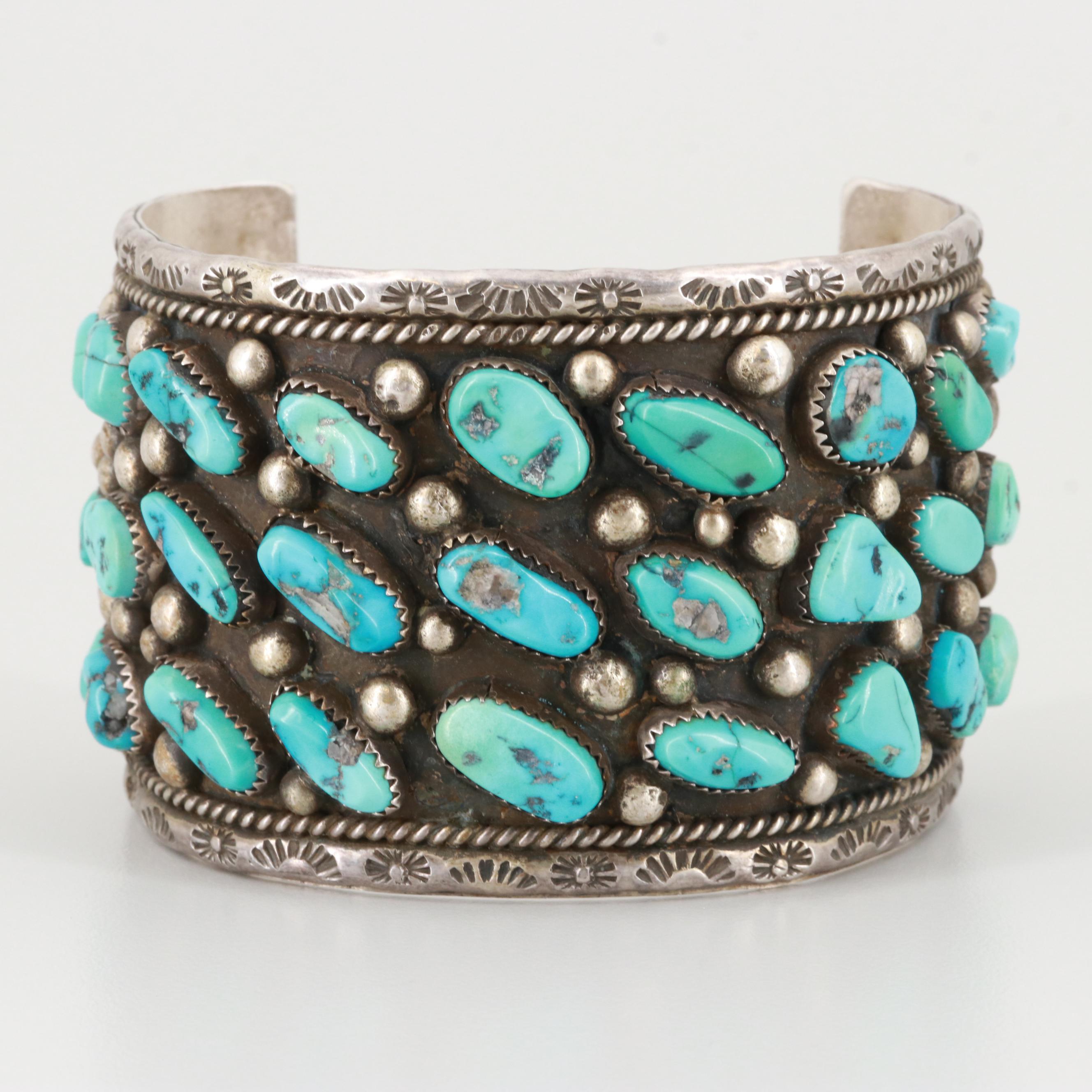 Bobby Lujan Taos Pueblo Sterling Silver Turquoise Cuff Bracelet
