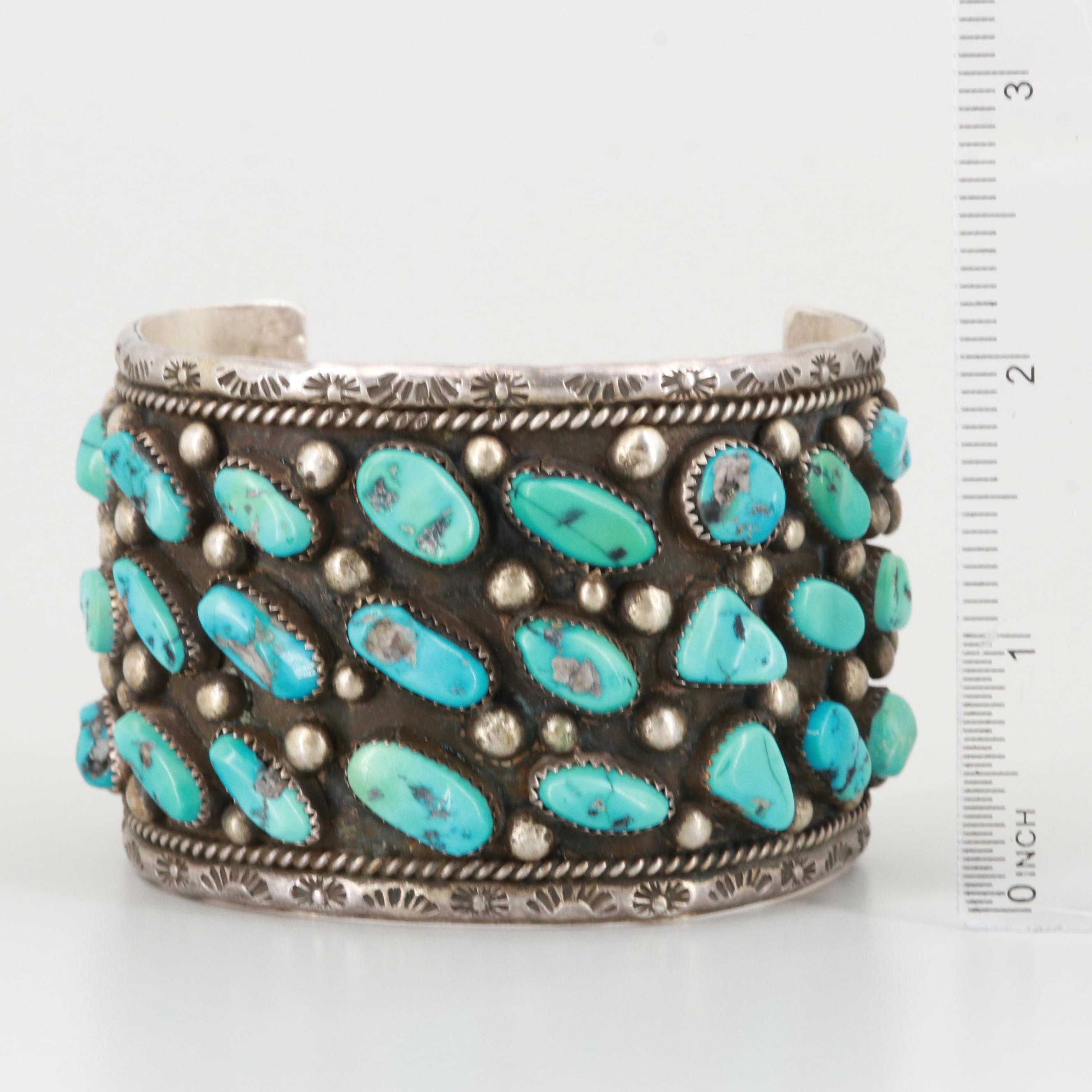 Bobby Lujan Taos Pueblo Sterling Silver Turquoise Cuff Bracelet
