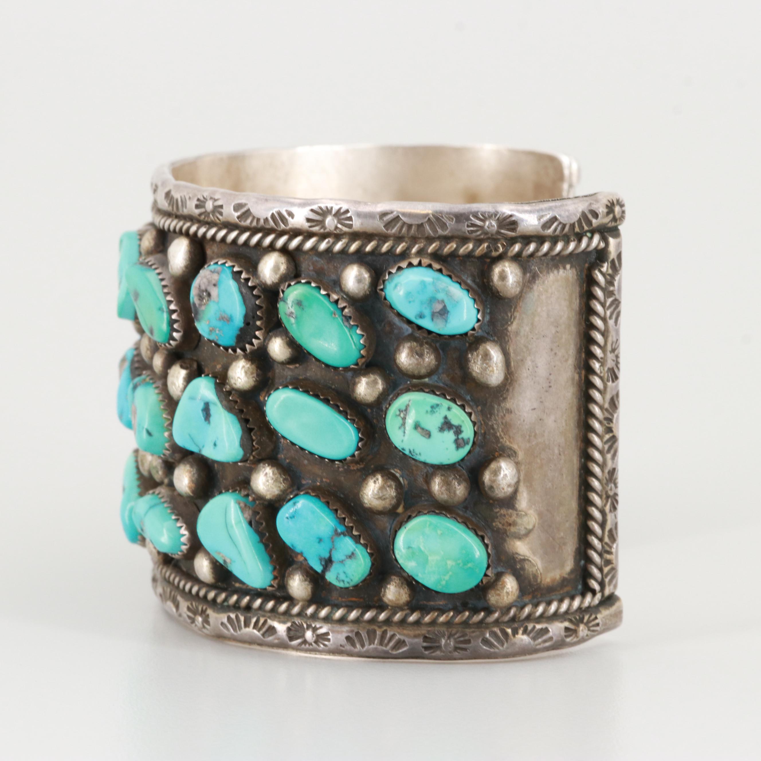 Bobby Lujan Taos Pueblo Sterling Silver Turquoise Cuff Bracelet
