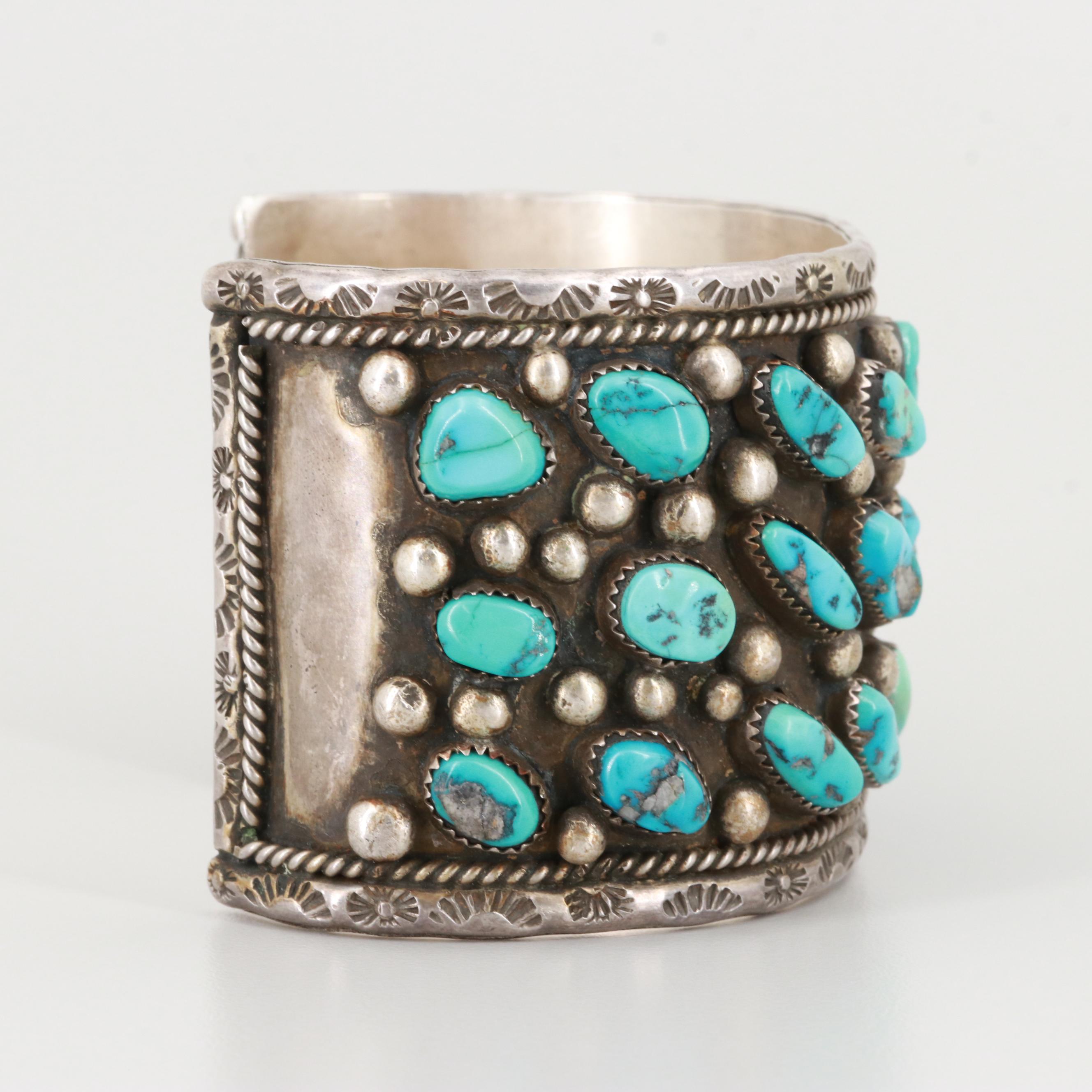 Bobby Lujan Taos Pueblo Sterling Silver Turquoise Cuff Bracelet