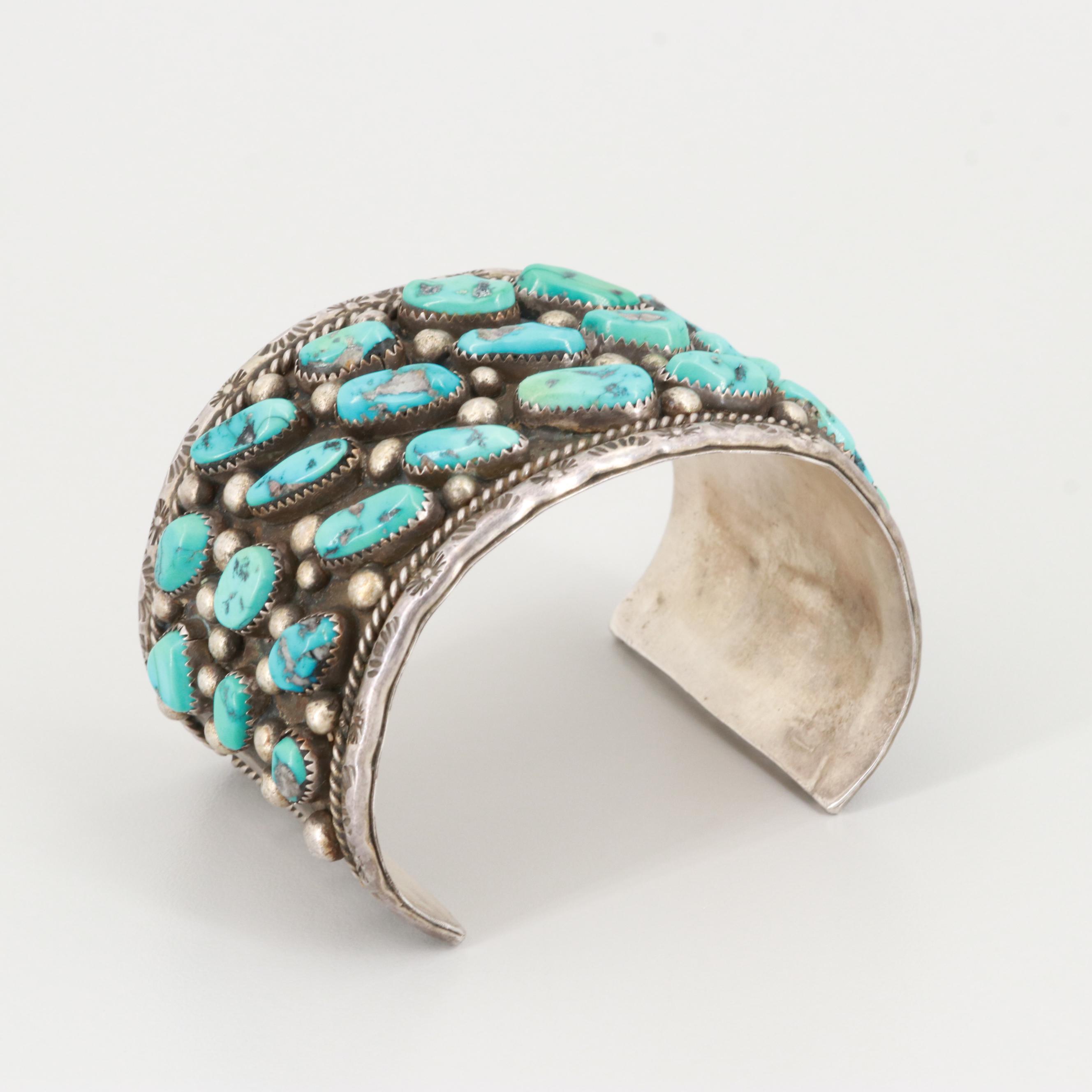 Bobby Lujan Taos Pueblo Sterling Silver Turquoise Cuff Bracelet