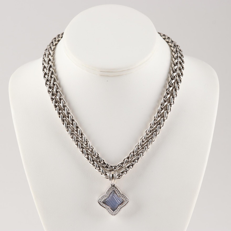 David Yurman Sterling Silver Double Strand Necklace with Diamond Enhancer