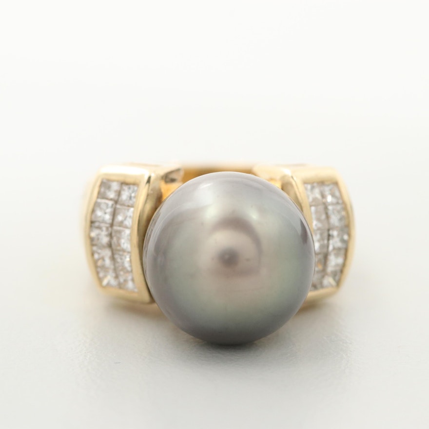 14K Yellow Gold Cultured Pearl and Diamond Ring