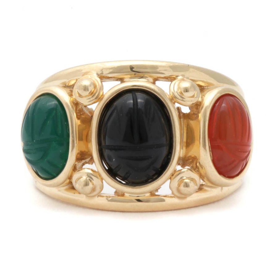 14K Yellow Gold Carved Scarab Multi-Gemstone Ring