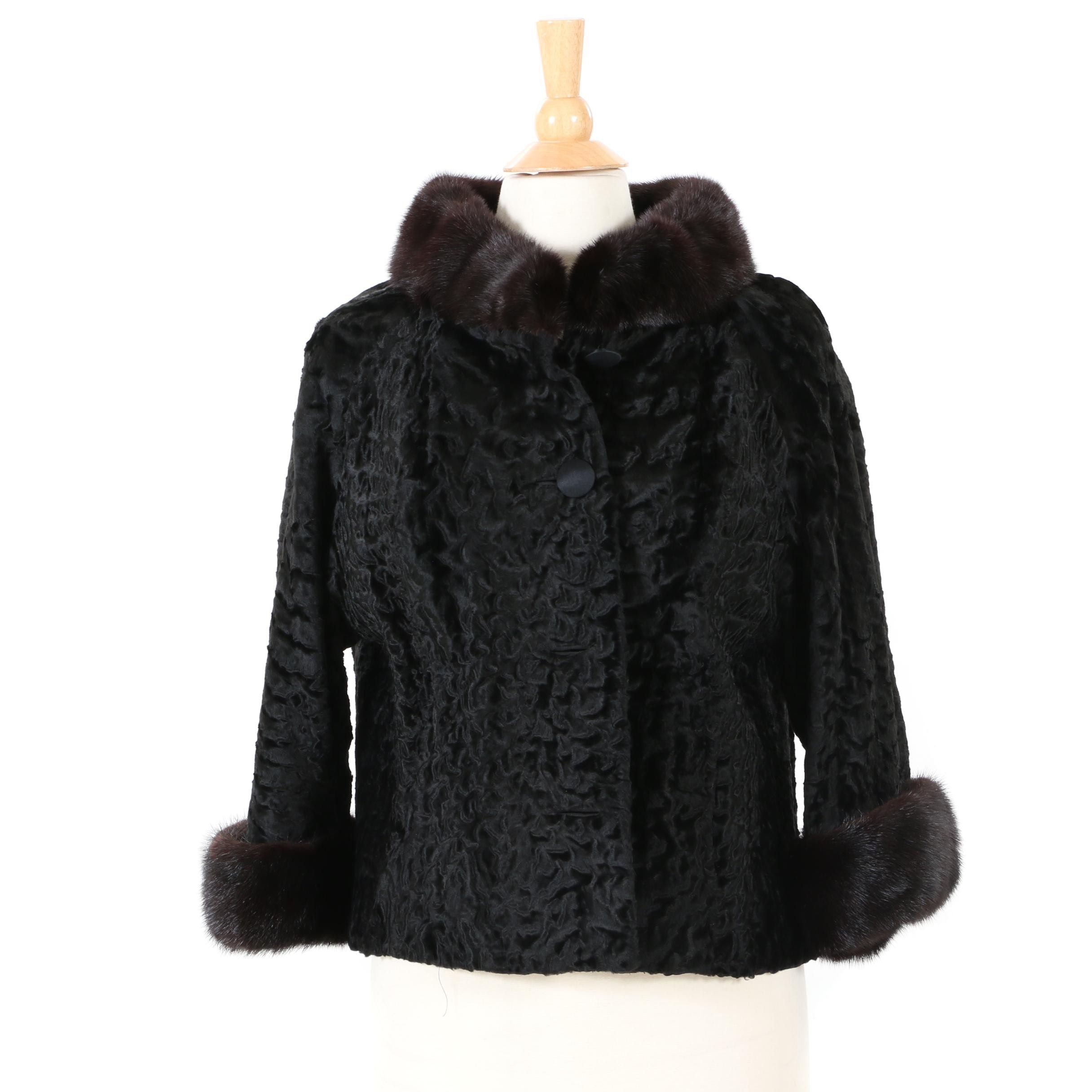 Irving Morris Black Broadtail Lamb Coat with Mink Fur Trim, 1960s Vintage