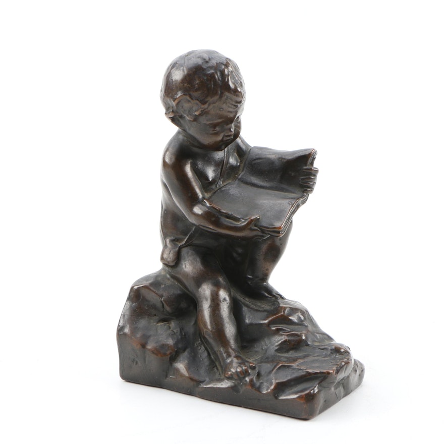 Cast Bronze Bookend of Cherub Reading, Late 19th to Early 20th Century