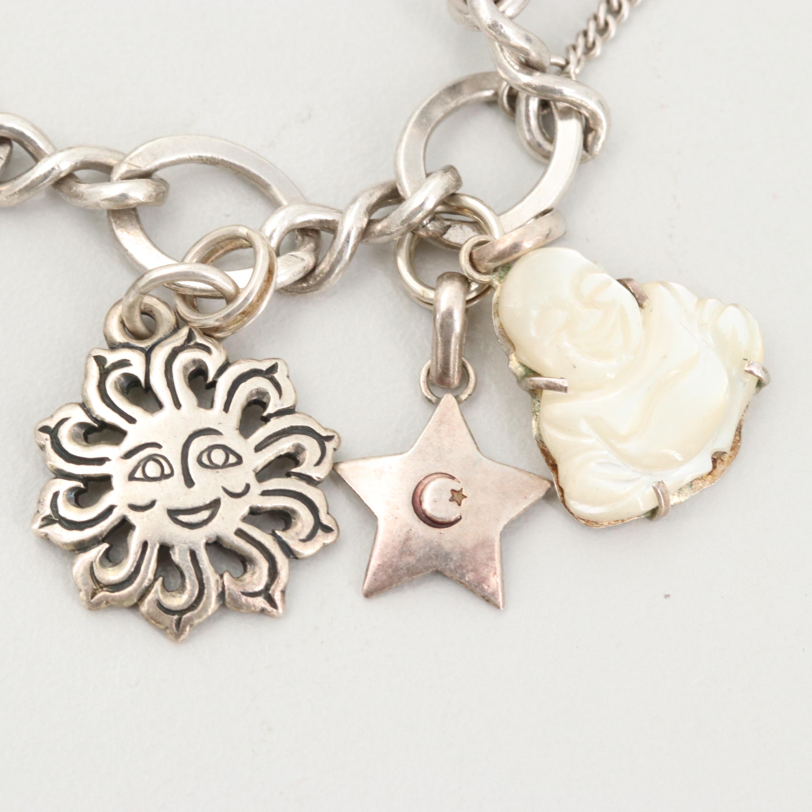 James Avery Sterling Silver Charm Bracelet Including Mother of Pearl Buddha
