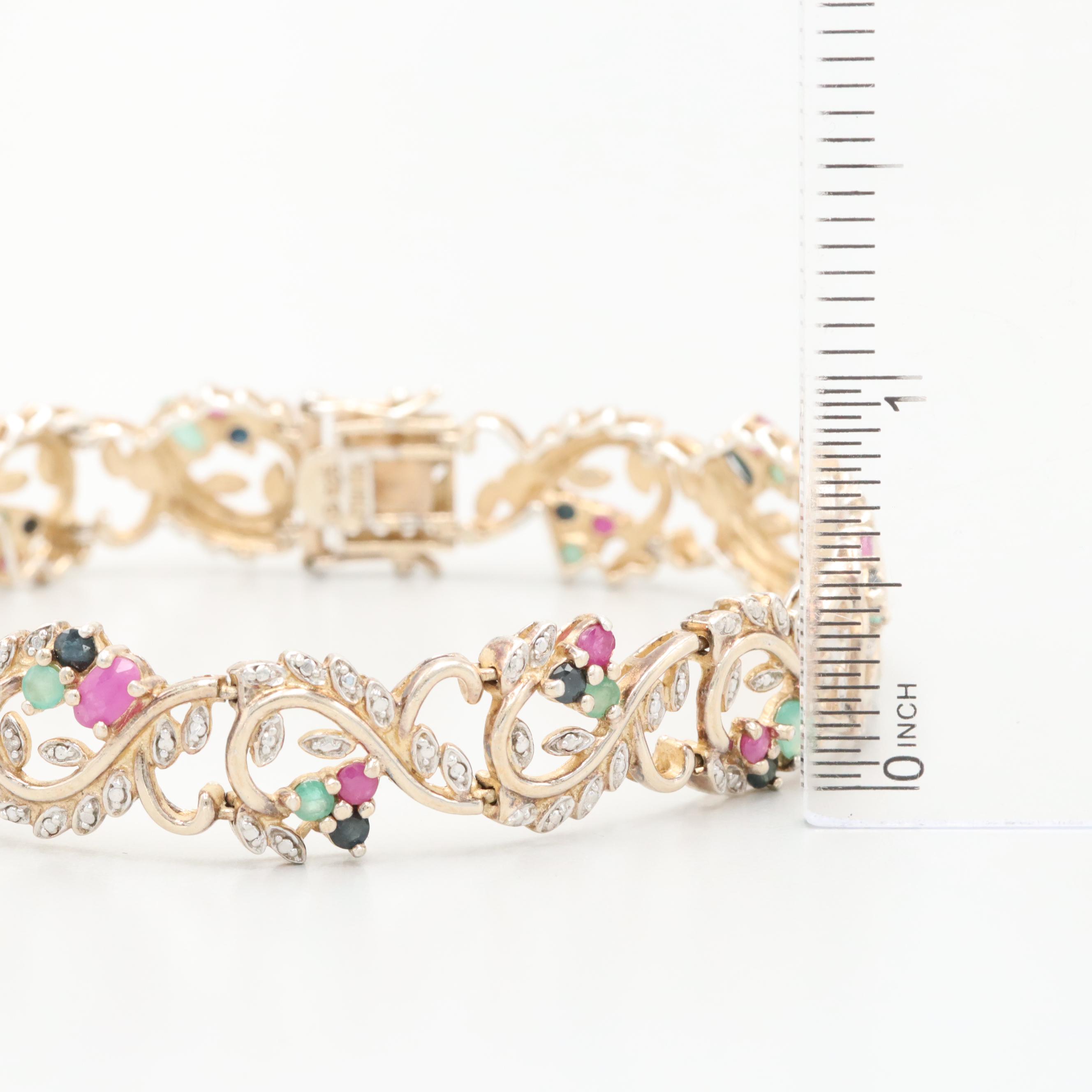 Sterling Emerald, Sapphire, Ruby and Diamond Branch and Leaves Motif Bracelet