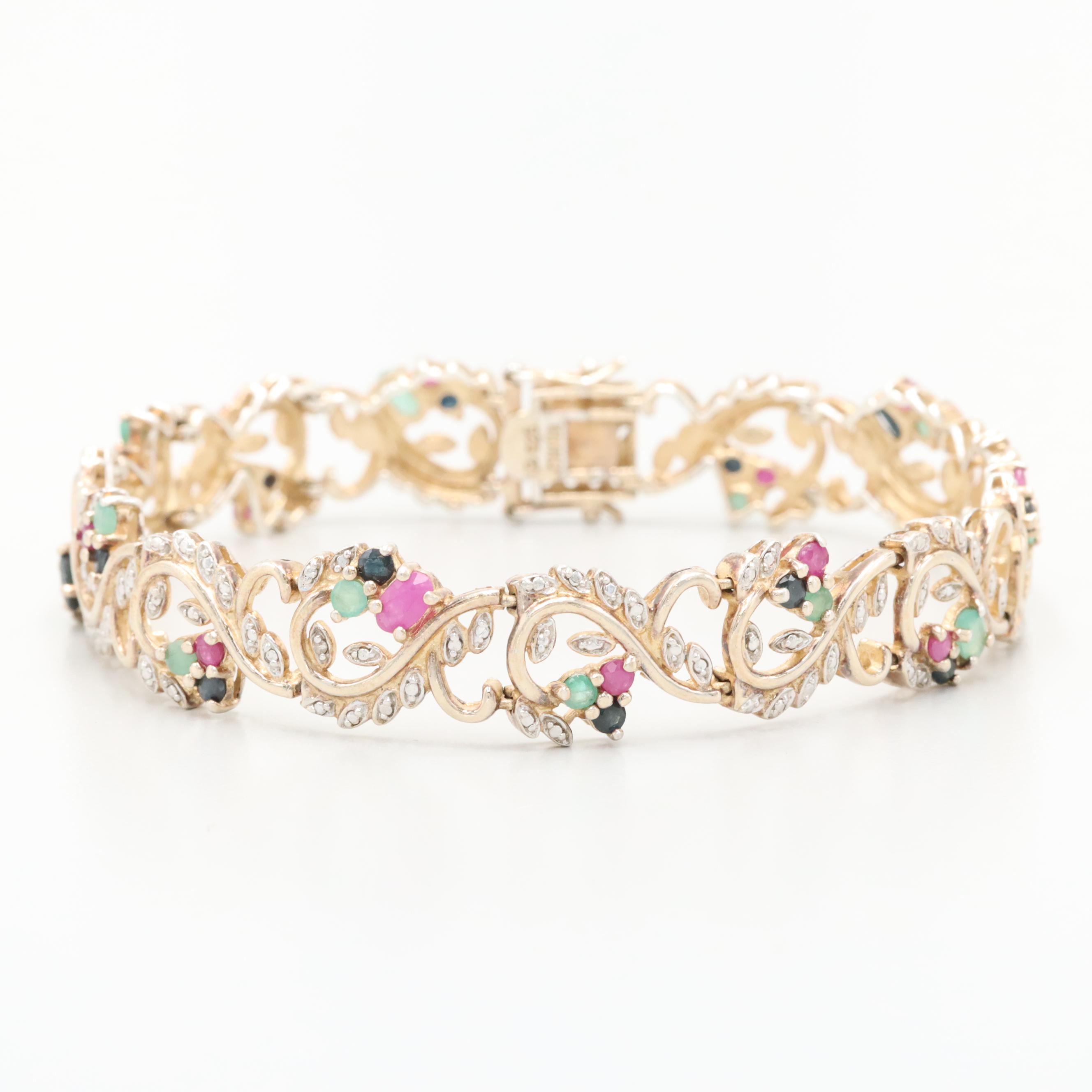 Sterling Emerald, Sapphire, Ruby and Diamond Branch and Leaves Motif Bracelet